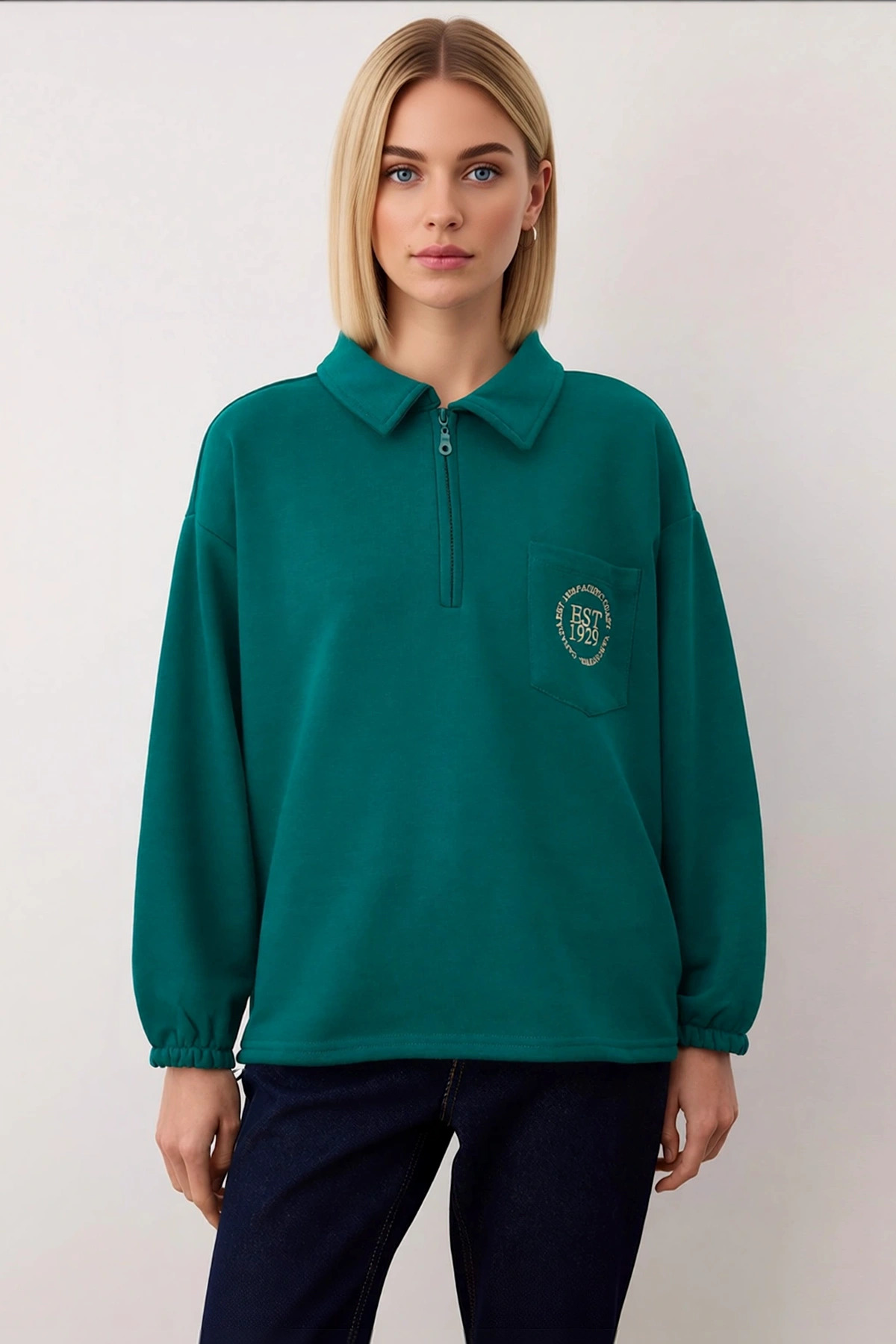 Kadın Polo Yaka Düşük Kol Nakışlı Fermuarlı Sweatshirt Fonksiyonel Dayanıklı Kaliteli Spor