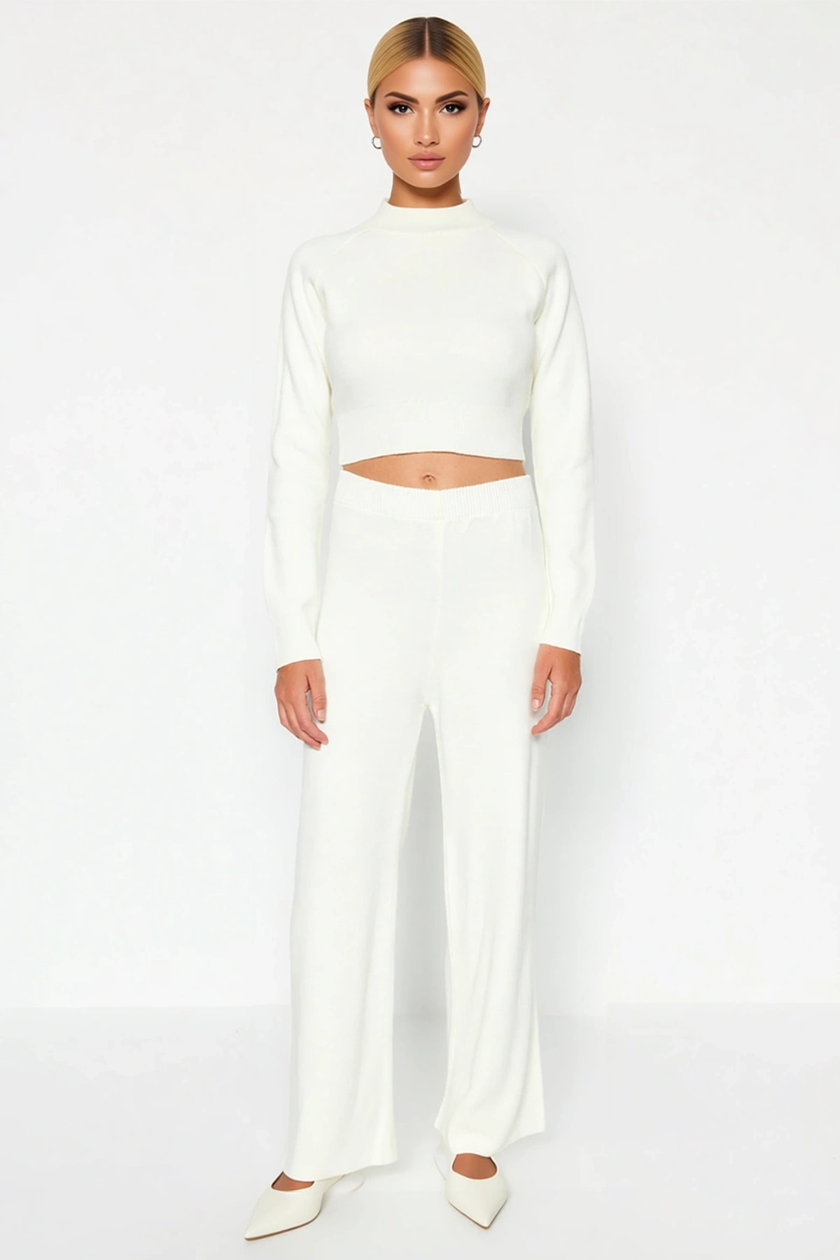 Kadın Crop Triko Takım Reglan Kollu Dik Yaka Fitted Kesim İnterlok Dokulu Uzun Kazak Pantolon Günlük