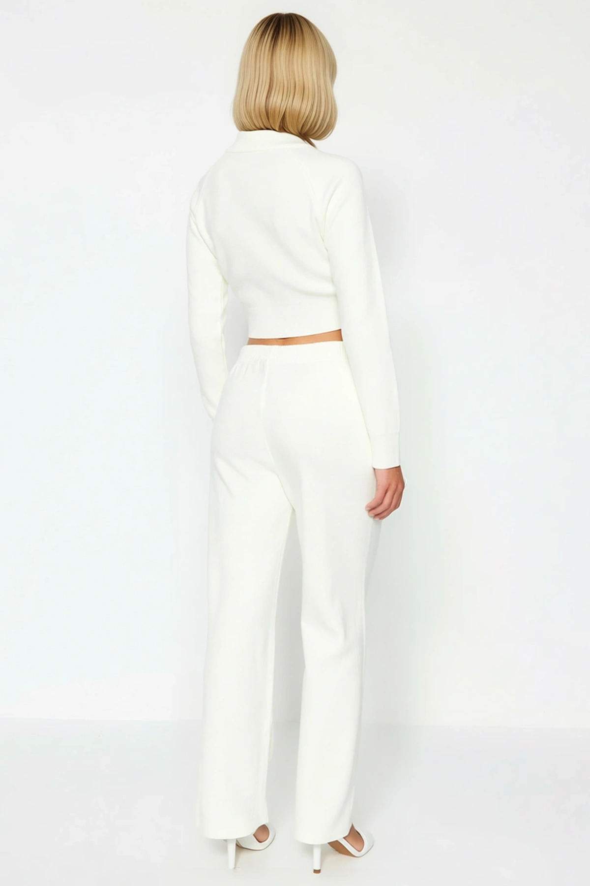 Kadın Crop Triko Takım Reglan Kollu Dik Yaka Fitted Kesim İnterlok Dokulu Uzun Kazak Pantolon Günlük