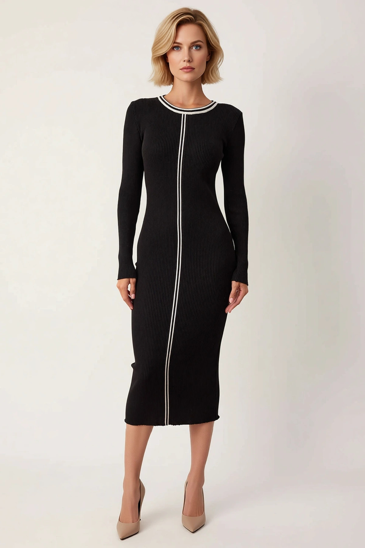Kadın Bisiklet Yaka Uzun Kol Bodycon Kalıp Midi Triko Elbise Renk Bloklu Fonksiyonel Rahat