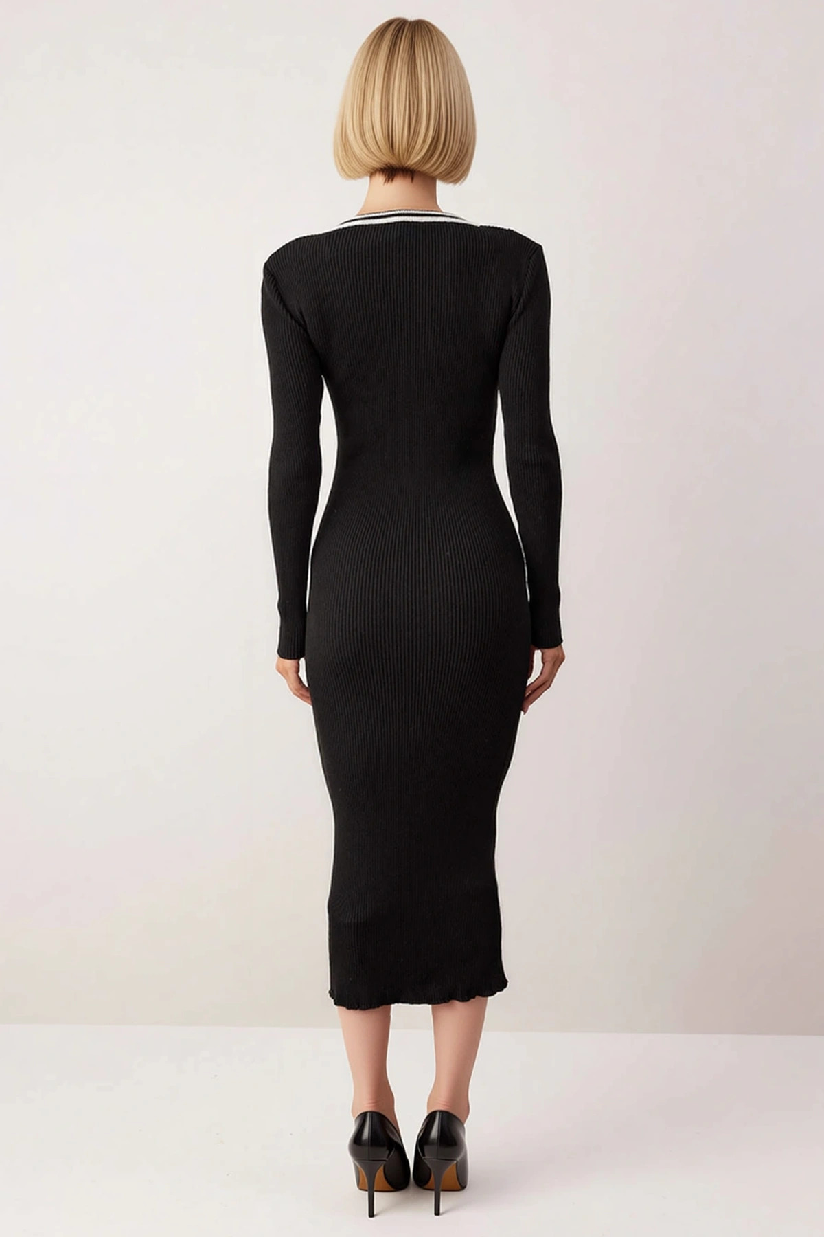 Kadın Bisiklet Yaka Uzun Kol Bodycon Kalıp Midi Triko Elbise Renk Bloklu Fonksiyonel Rahat