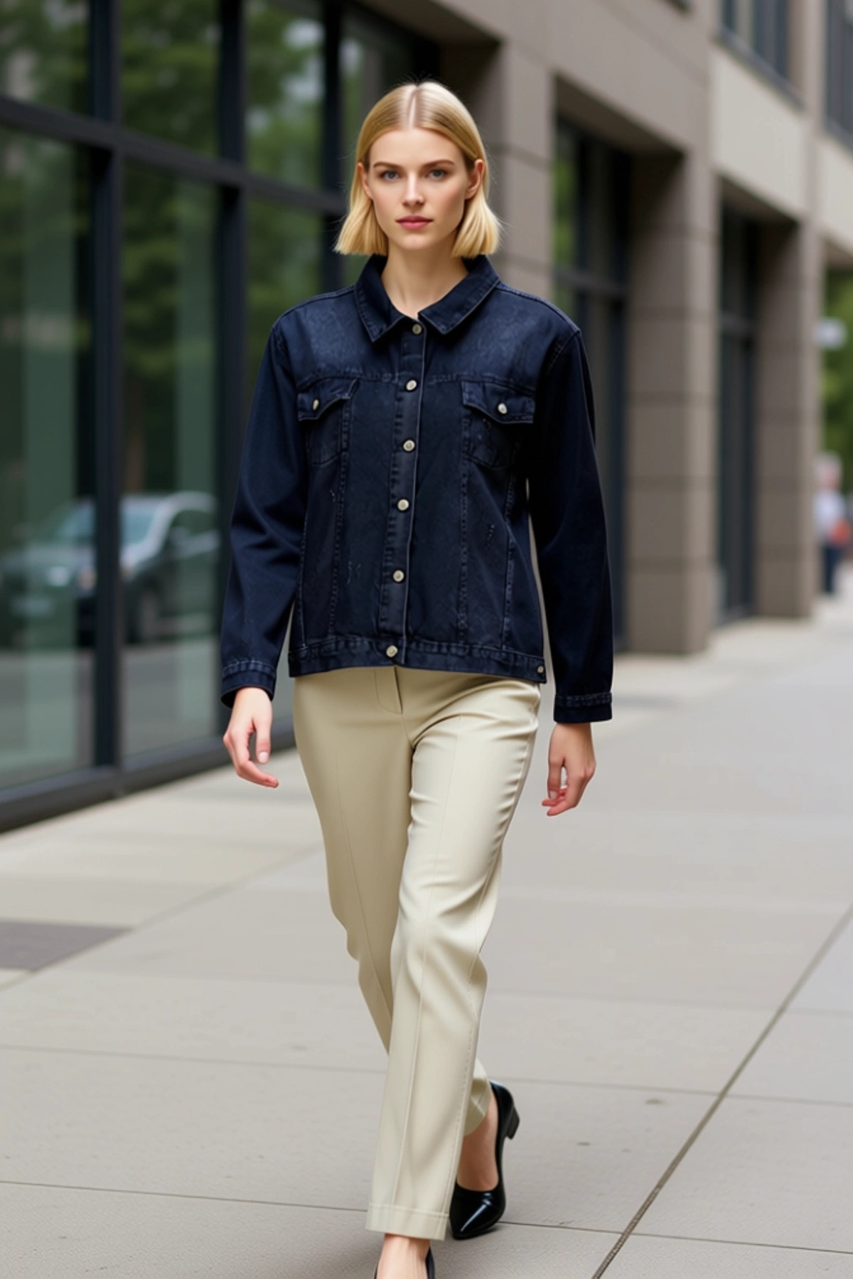 Alternative view of Kadın Gömlek Yaka Düşük Kol Cep Detaylı 0 Pamuk Denim Ceket Fonksiyonel Dayanıklı Rahat