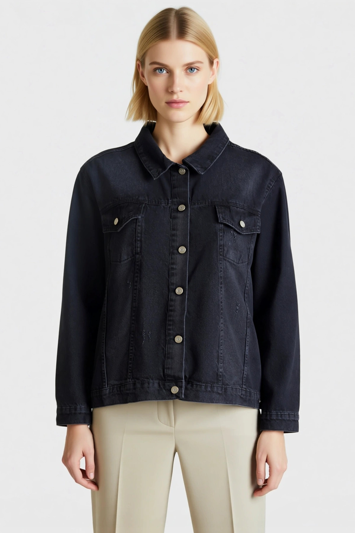 Kadın Gömlek Yaka Düşük Kol Cep Detaylı %100 Pamuk Denim Ceket Fonksiyonel Dayanıklı Rahat