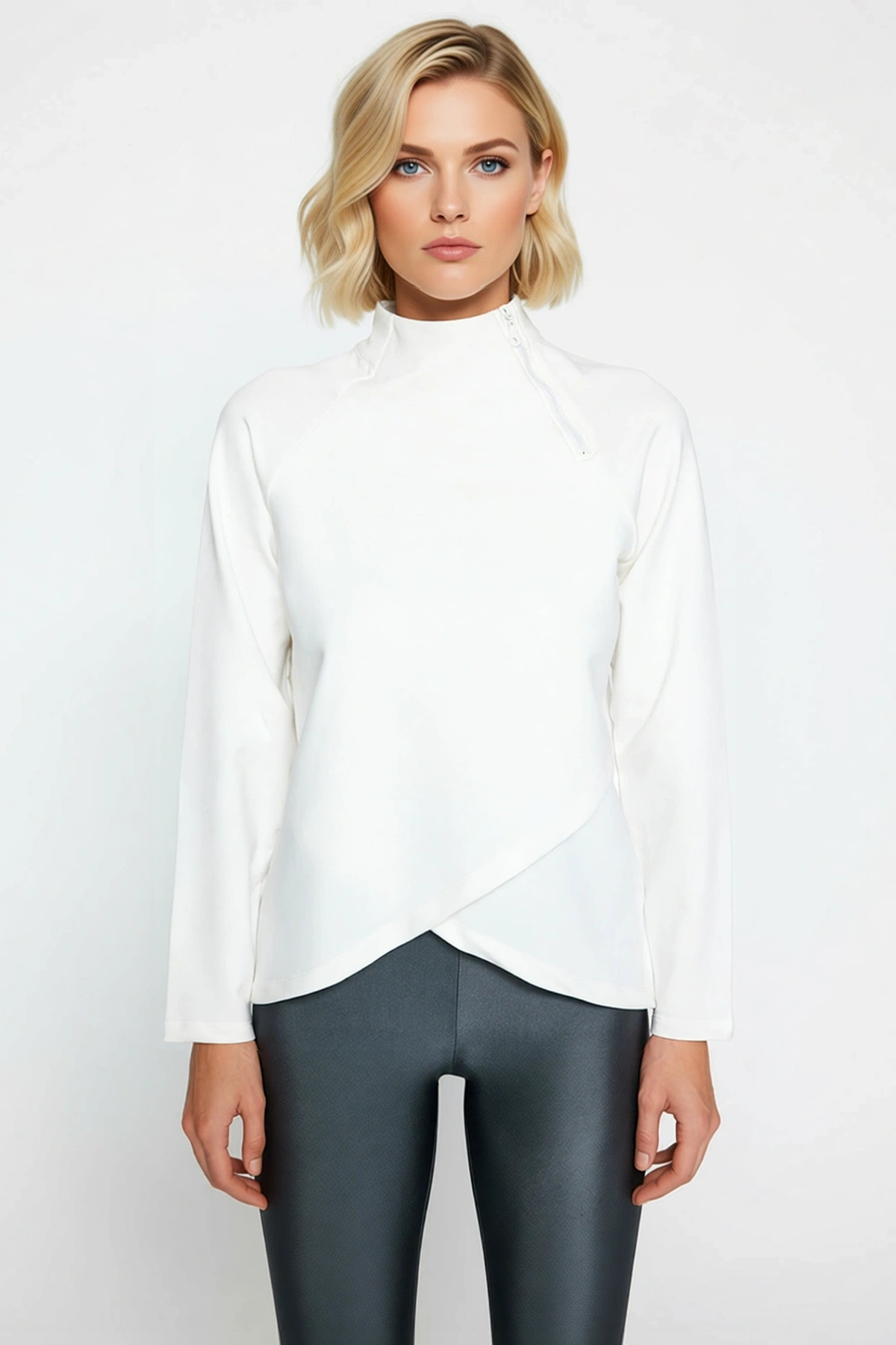Kadın Dik Yaka Reglan Kol Fermuar Detaylı Sweatshirt Fonksiyonel Dayanıklı Kaliteli Modern
