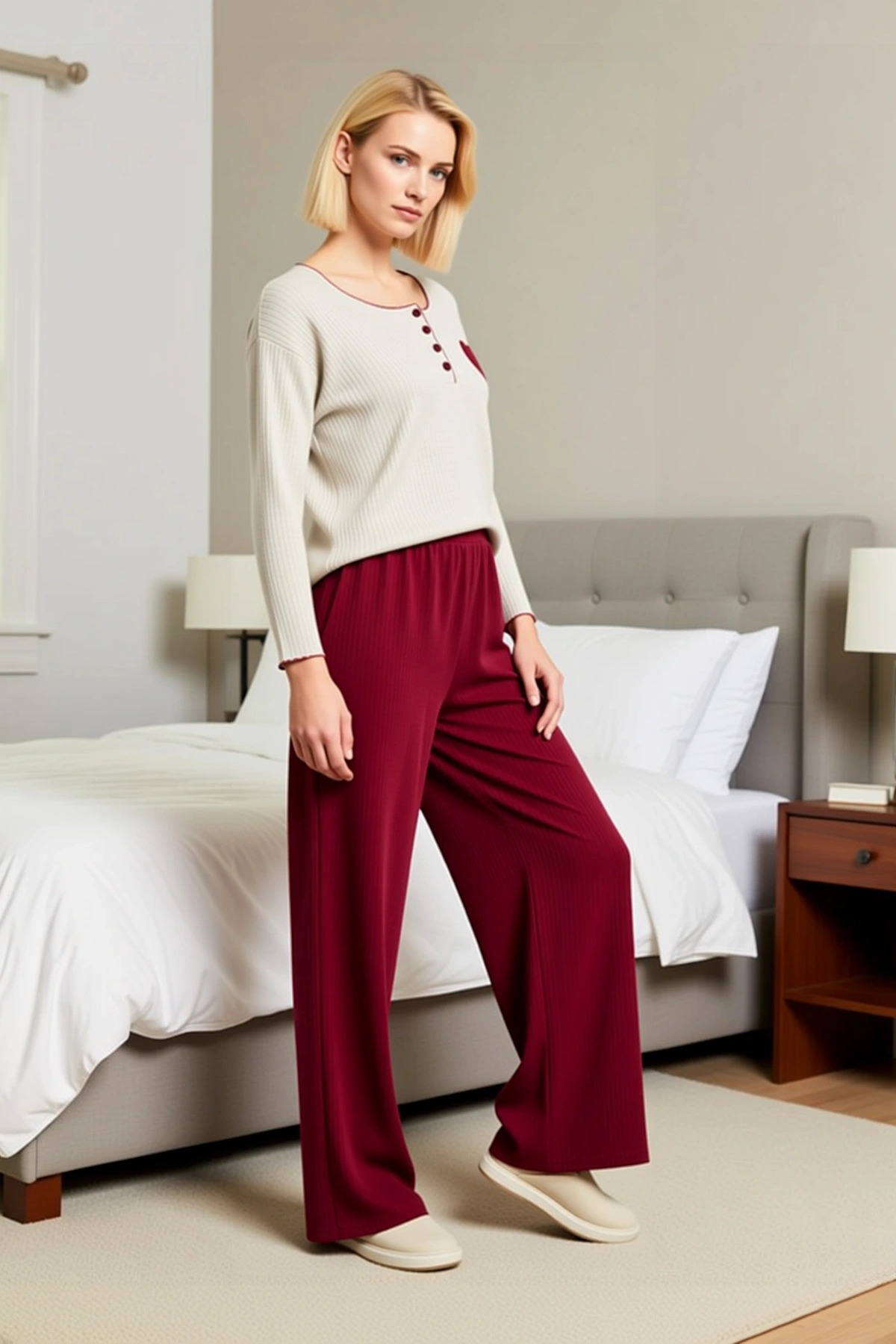Kadın Bisiklet Yaka Standart Kol Uzun Kol Regular Kalıp Polar Pijama Takımı Büyük Beden Şık
