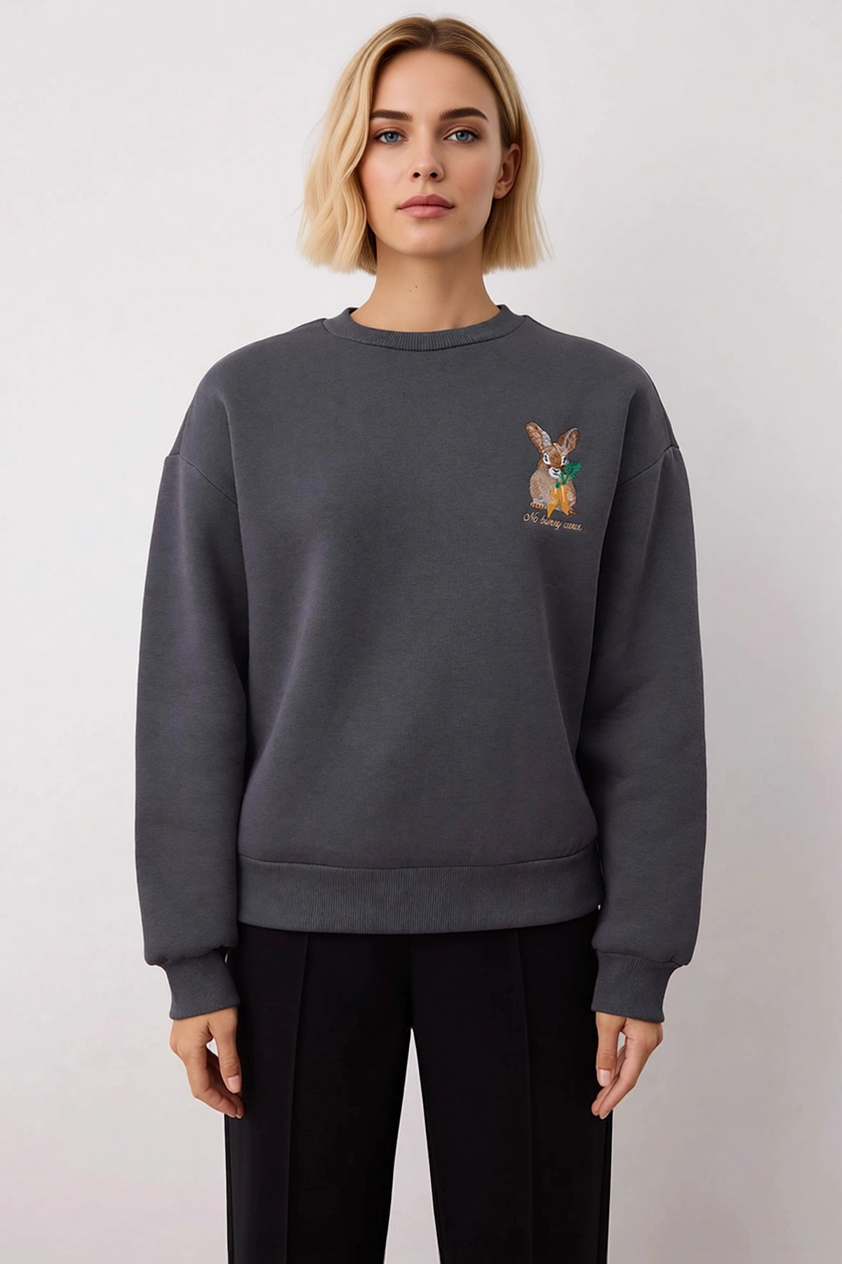 Kadın Bisiklet Yaka Düşük Kol Nakışlı Regular Kalıp Örme Sweatshirt Fonksiyonel Dayanıklı Şık