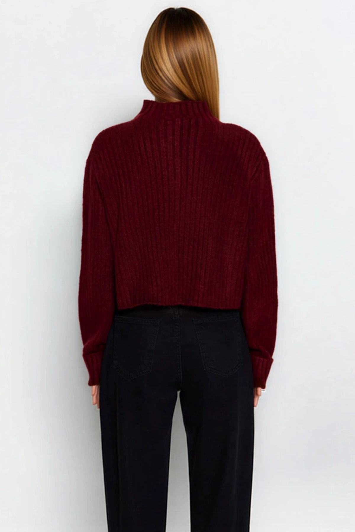 Kadın Dik Yaka Fitilli Dokuma Crop Oversize Triko Hırka Düşük Kol Rahat Kesim Günlük Şıklık