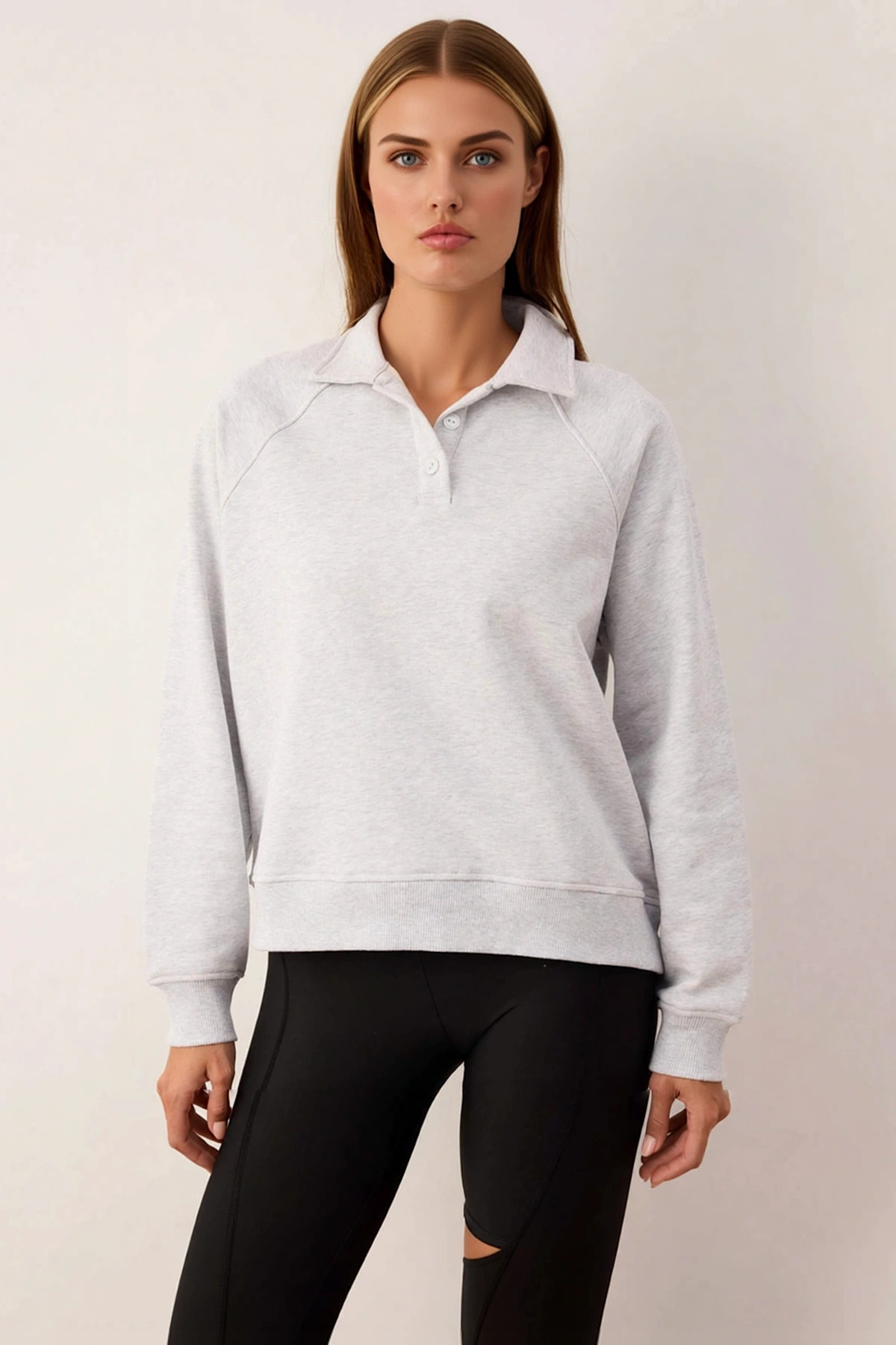 Kadın Polo Yaka Reglan Kol %100 Pamuk Sweatshirt Fonksiyonel Dayanıklı Kaliteli Konforlu Şık