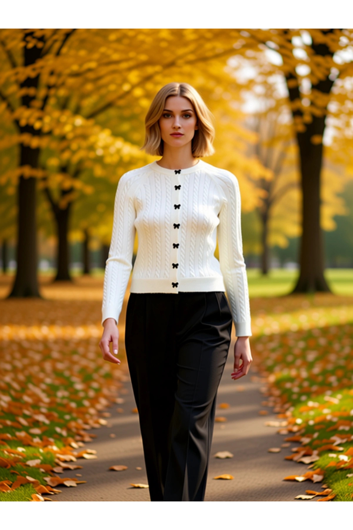 Alternative view of Yumuşak Dokulu Saç Örgü Desenli Reglan Kollu Bisiklet Yaka Kurdele Düğmeli Fitted Kesim Triko Hırka