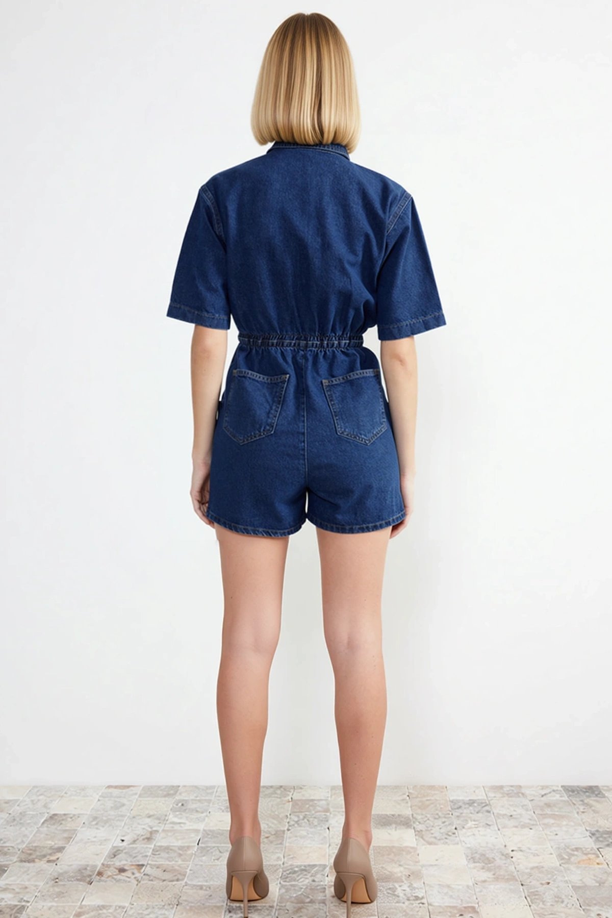 Kadın Gömlek Yaka Kısa Kollu Denim Şort Tulum Kumaş Günlük Kullanım Fonksiyonel %100 Pamuk