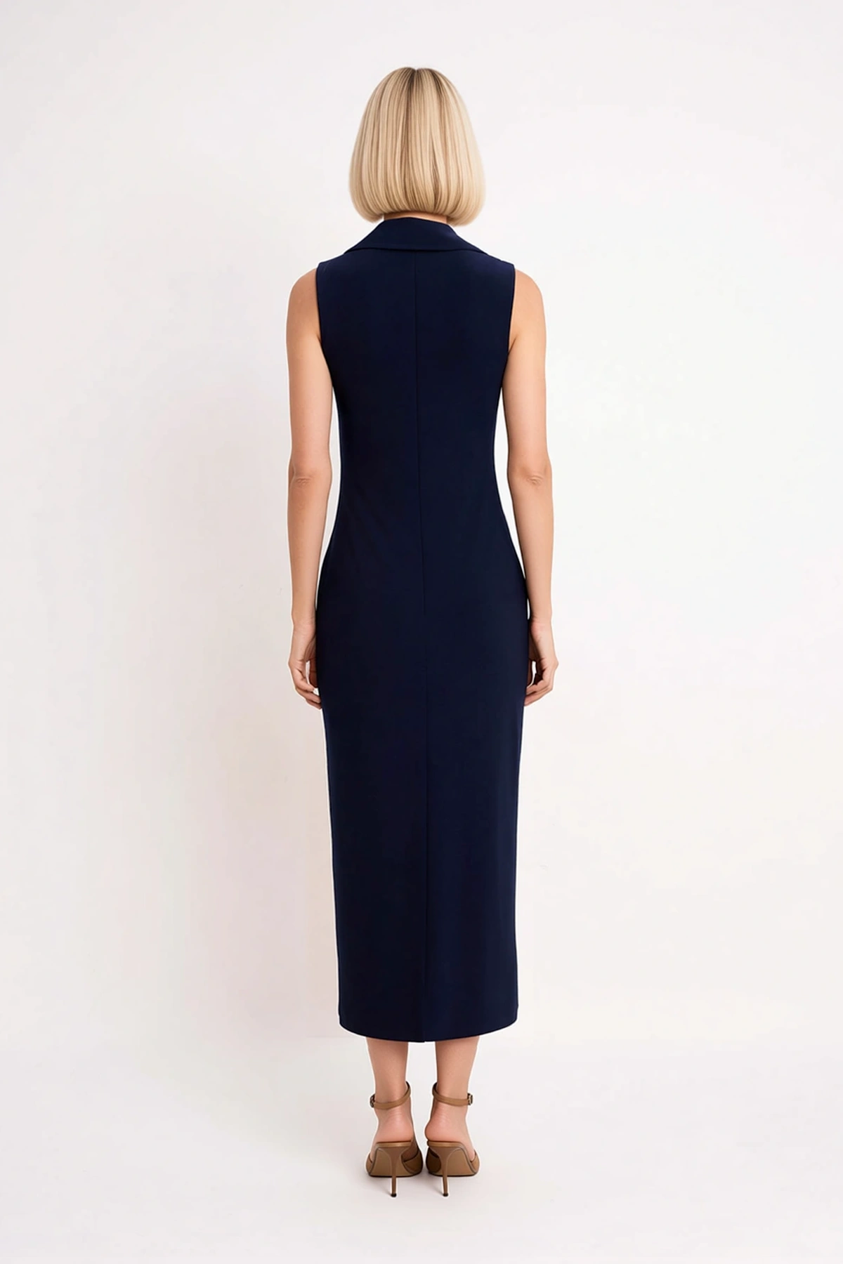 Kadın Gömlek Yaka Kolsuz Maxi Elbise Düğmeli Bodycon Kesim Esnek Örme Kumaş L Beden Günlük Rahat