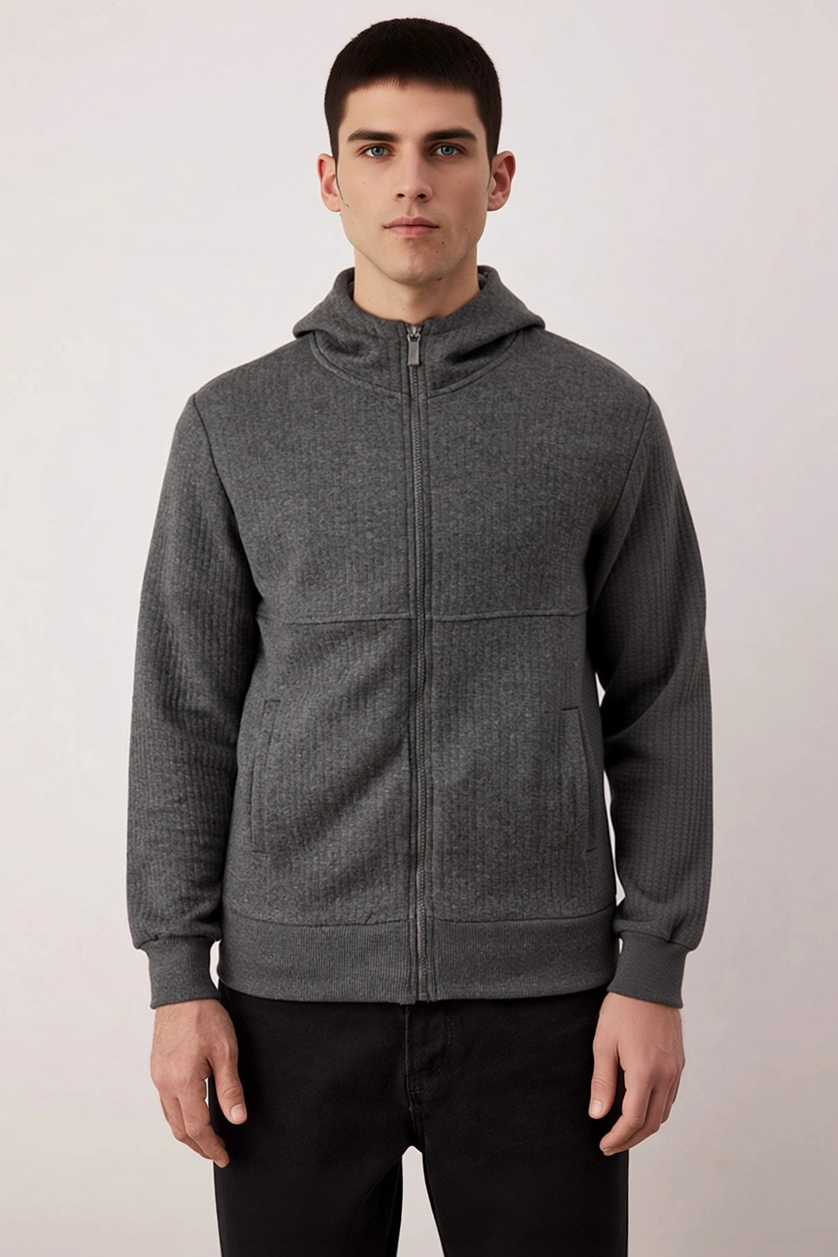 Erkek Bisiklet Yaka Standart Kol Dokulu Fermuarlı Sweatshirt Fonksiyonel Dayanıklı Estetik