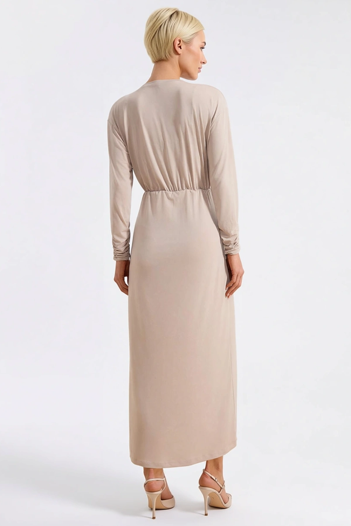 Kadın Maxi Elbise Bodycon Kayık Yaka Uzun Kol Örme Sandy Kumaş Düz Astarsız Kesim Tam Boy