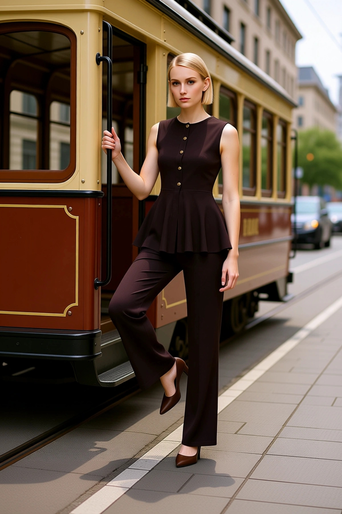 Selanik Örgü Düğme Detaylı Peplum Kesim Kolsuz Üst Geniş Paça Palazzo Pantolon Kadın Alt Üst Takım