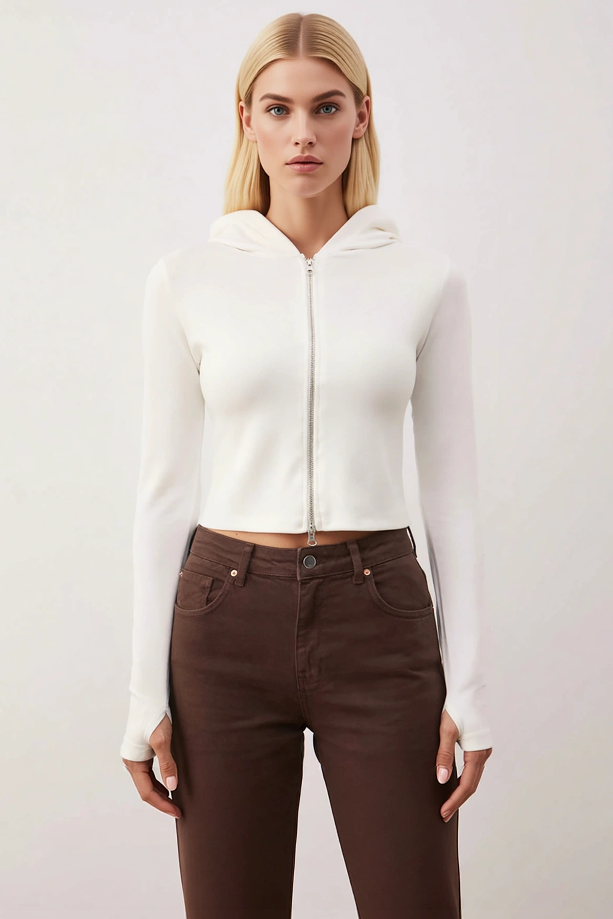 Kadın Kapüşonlu Standart Kol Fermuarlı Örme Sweatshirt Fonksiyonel Dayanıklı Kaliteli Spor