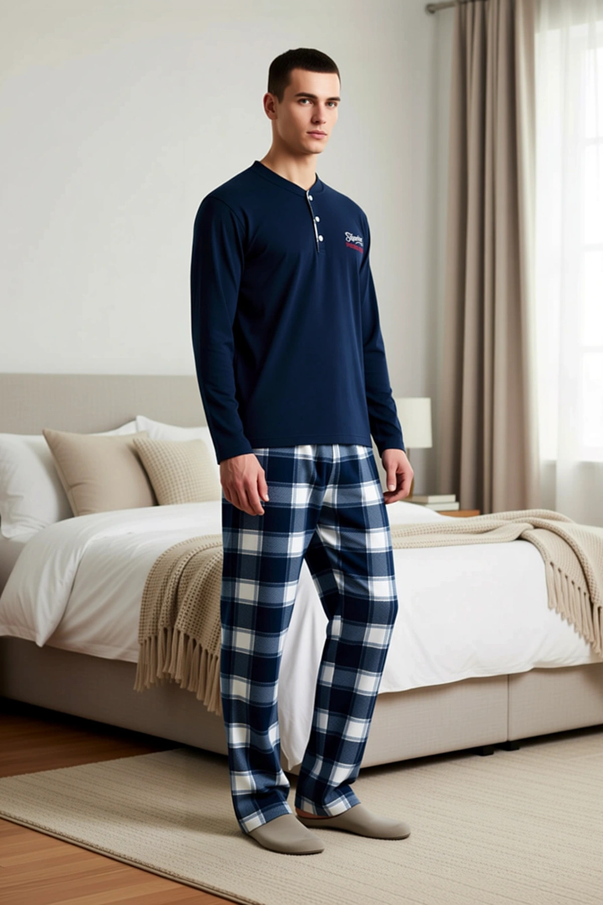 Erkek Bisiklet Yaka Standart Kol Regular Kalıp Örme Polar Pijama Takımı Şık