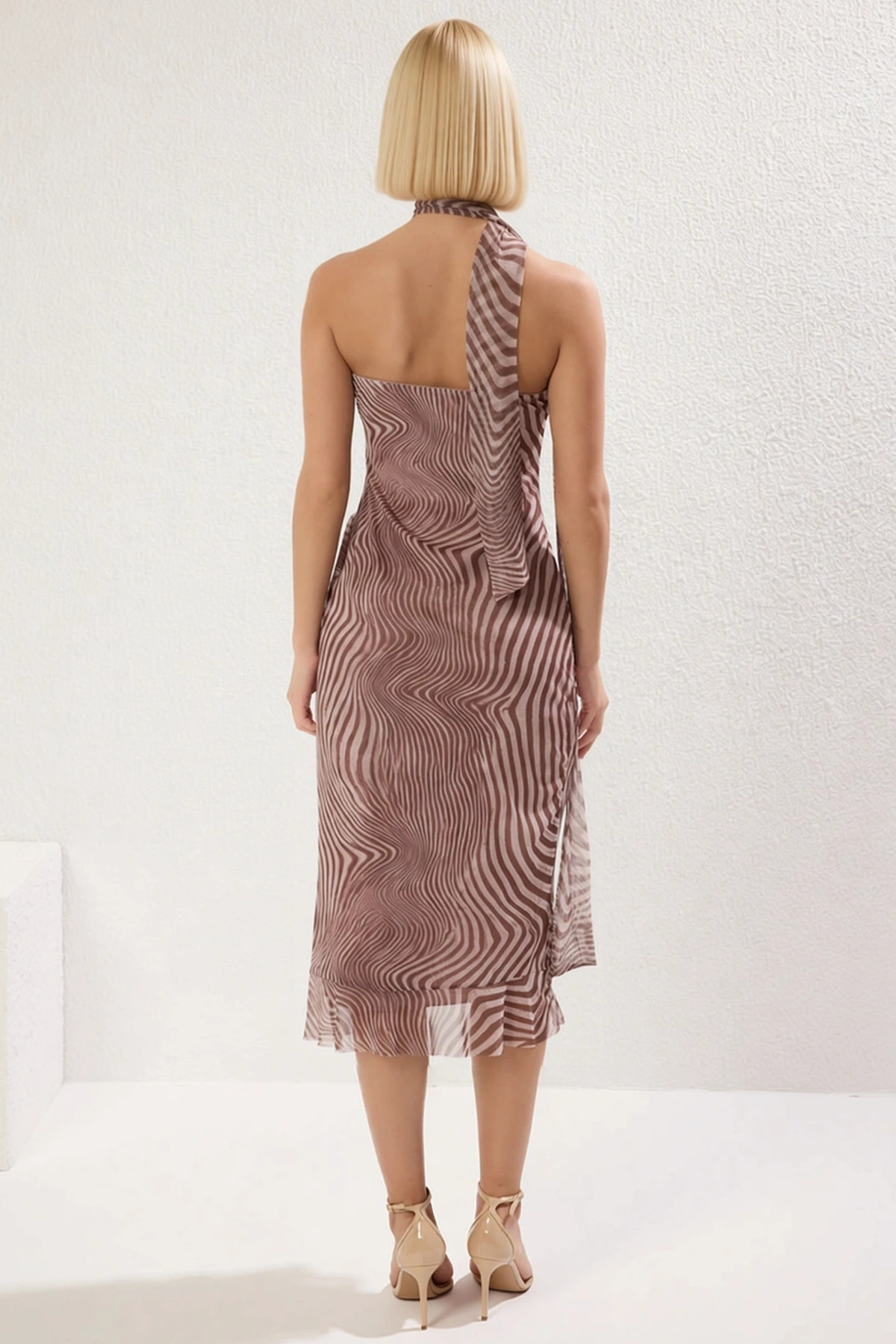 Kadın Straplez Kolsuz Bodycon Kalıp Animal Desen Midi Örme Elbise