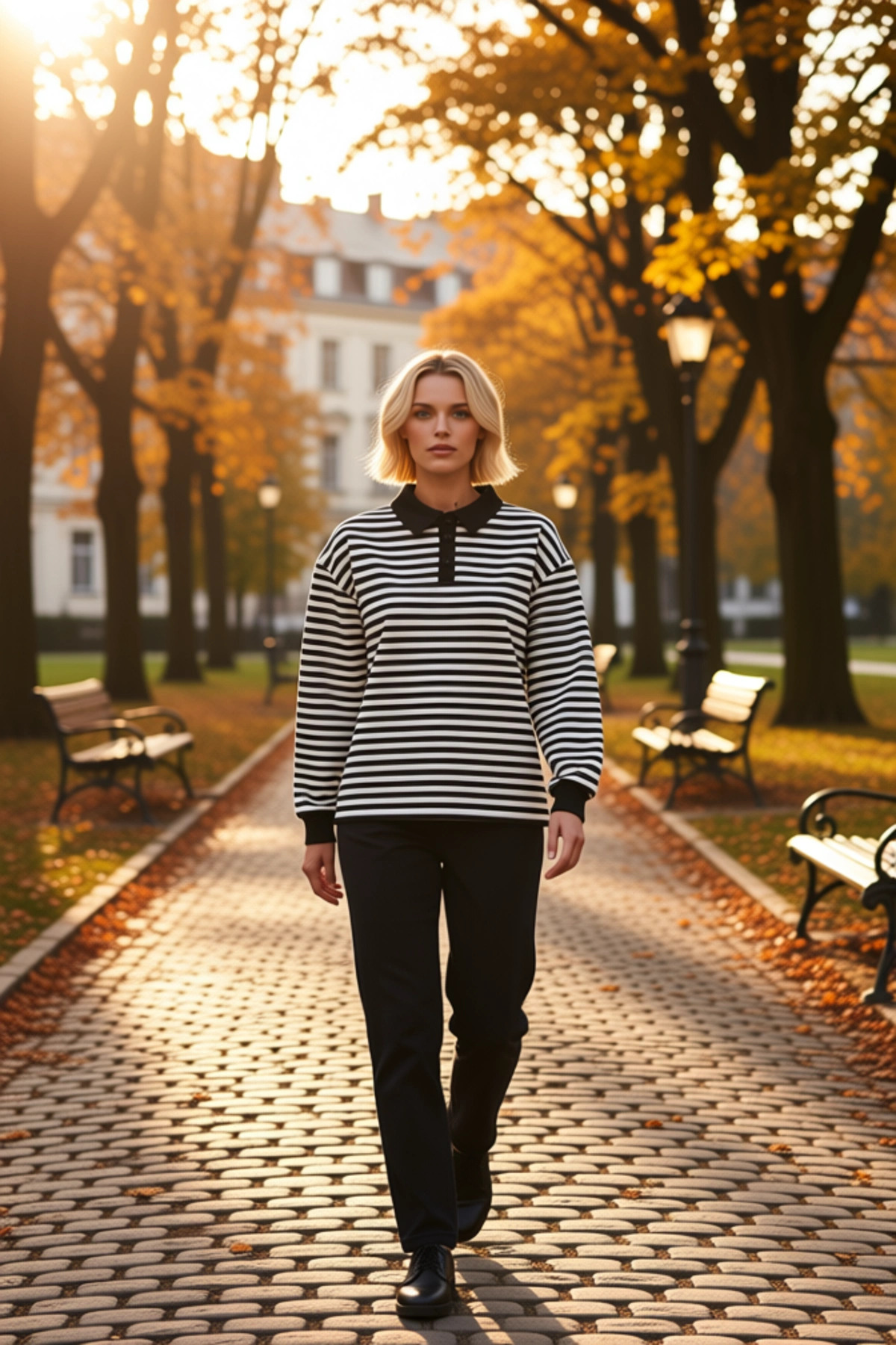 Kadın Polo Yaka Düşük Kol Çizgili Örme Sweatshirt Fonksiyonel Dayanıklı Kaliteli Konforlu Şık