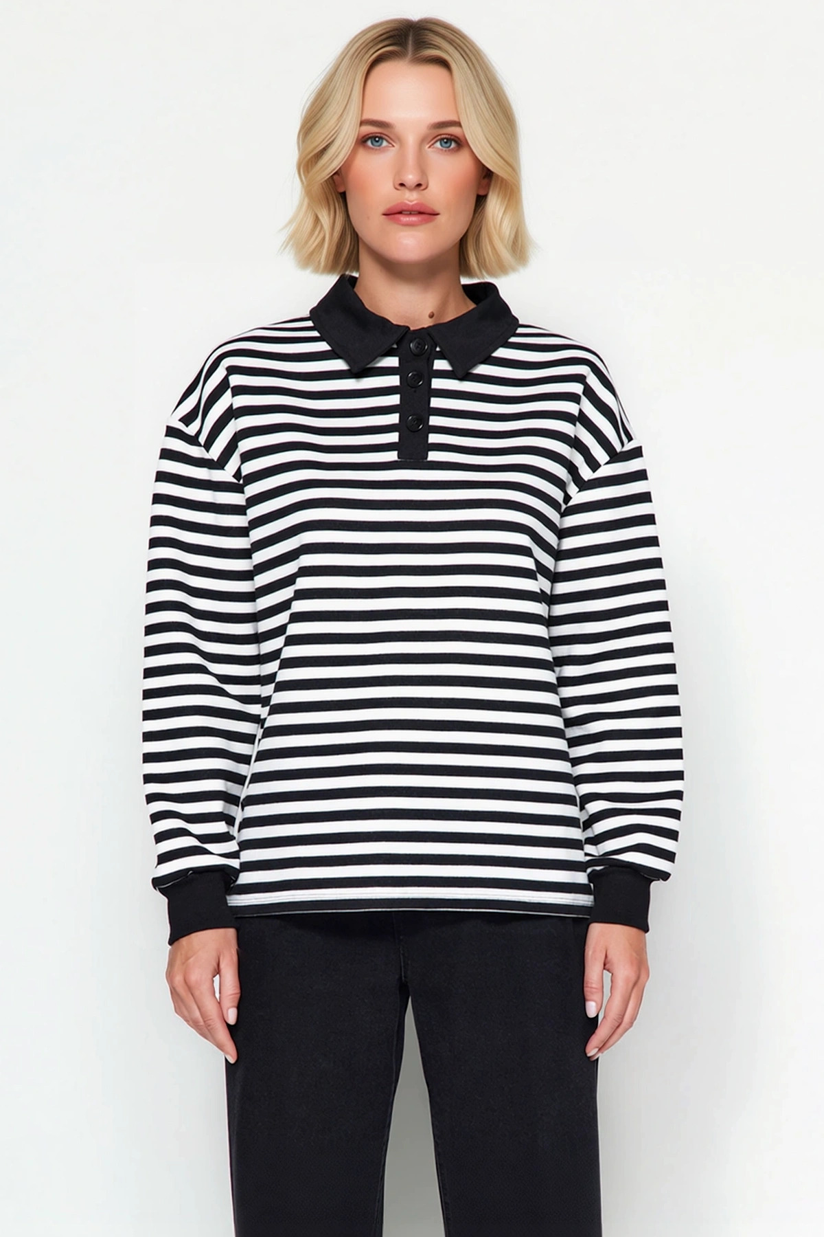 Kadın Polo Yaka Düşük Kol Çizgili Örme Sweatshirt Fonksiyonel Dayanıklı Kaliteli Konforlu Şık