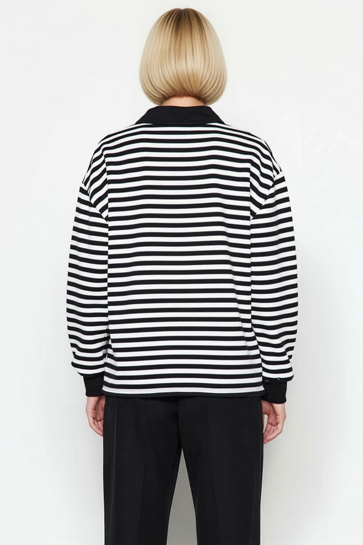Kadın Polo Yaka Düşük Kol Çizgili Örme Sweatshirt Fonksiyonel Dayanıklı Kaliteli Konforlu Şık