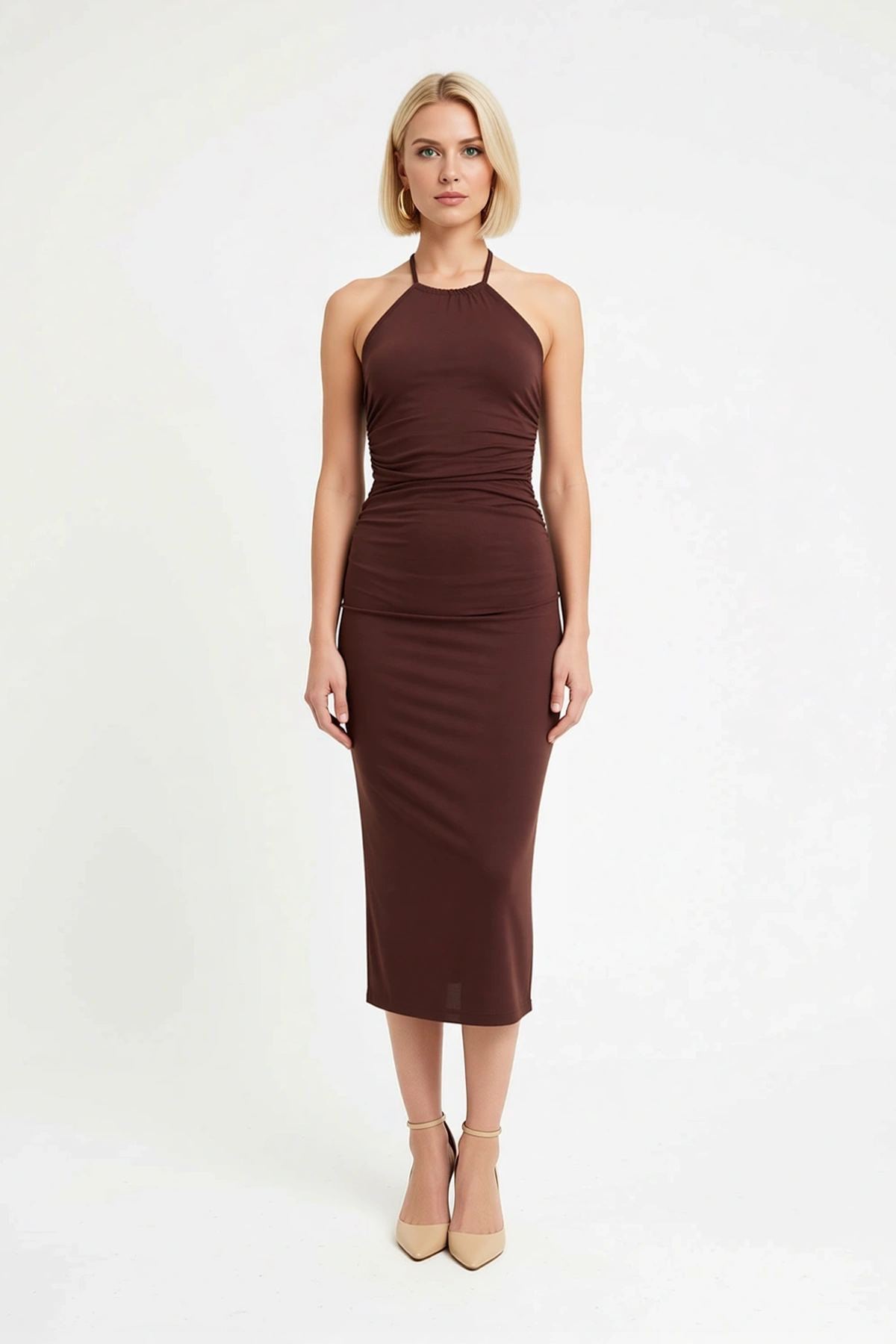 Kadın Halter Yaka Bodycon Midi Elbise İnce Askılı Astarsız Sandy Dokulu Zarif Kesim Günlük Rahat