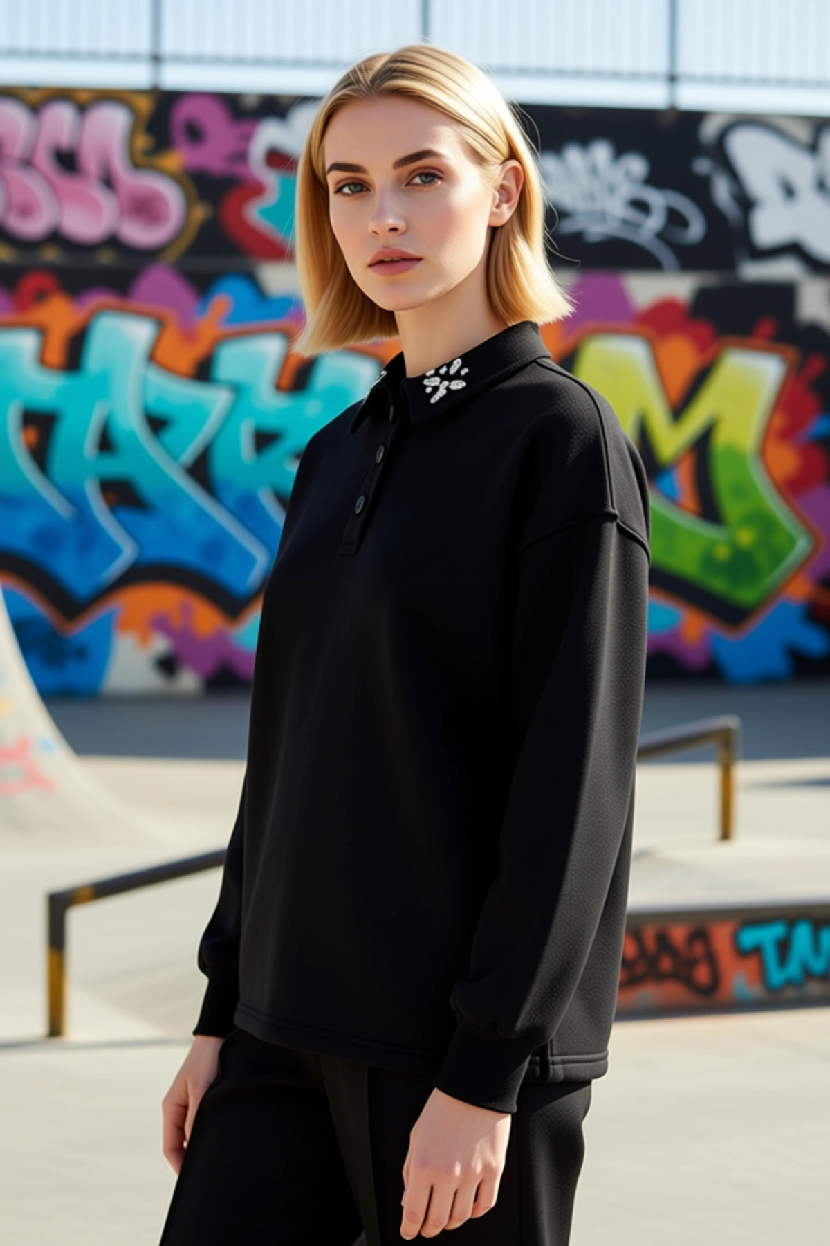 Kadın Polo Yaka Düşük Kol Örme Sweatshirt Taş Detaylı Fonksiyonel Dayanıklı Kaliteli Rahat