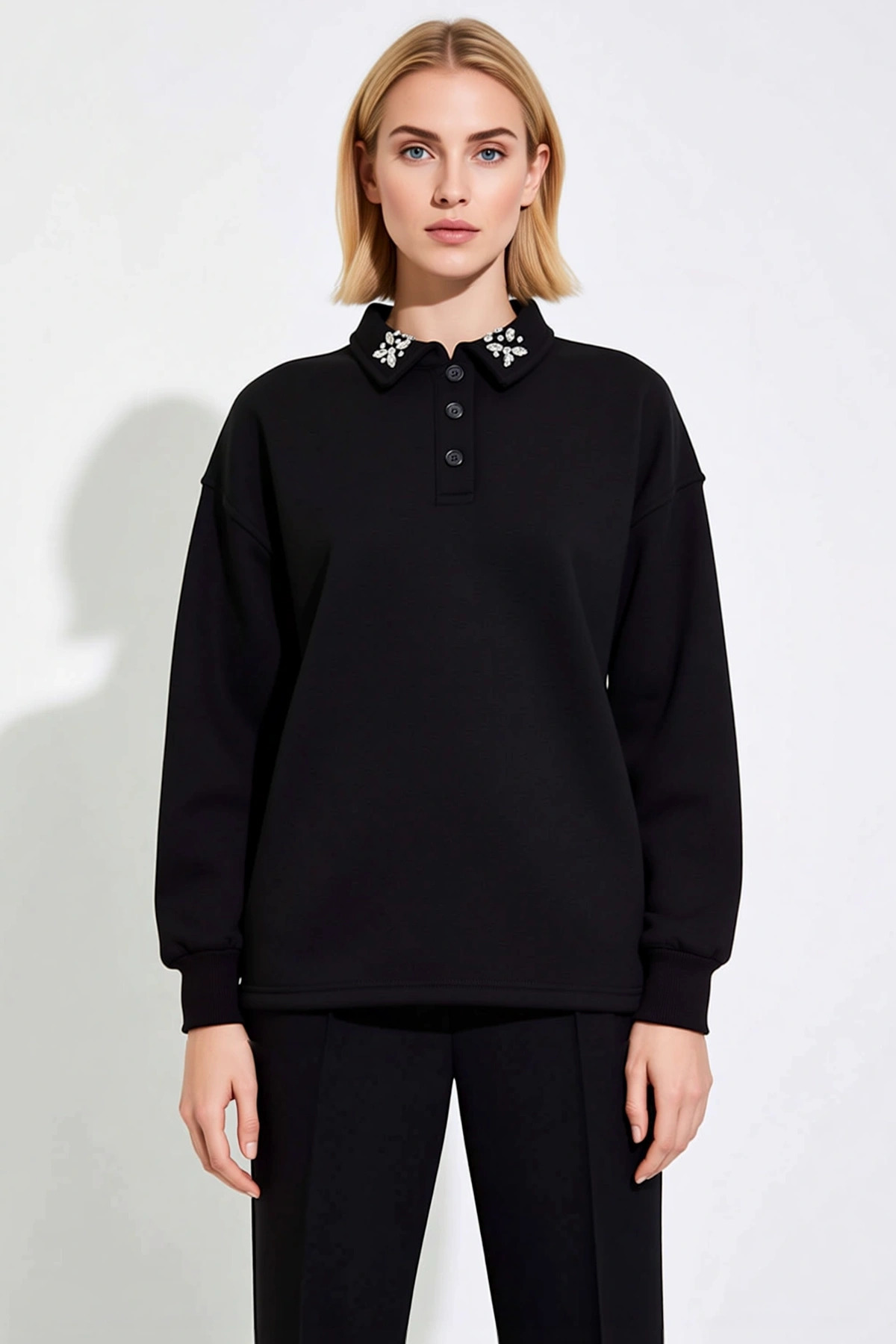 Kadın Polo Yaka Düşük Kol Örme Sweatshirt Taş Detaylı Fonksiyonel Dayanıklı Kaliteli Rahat