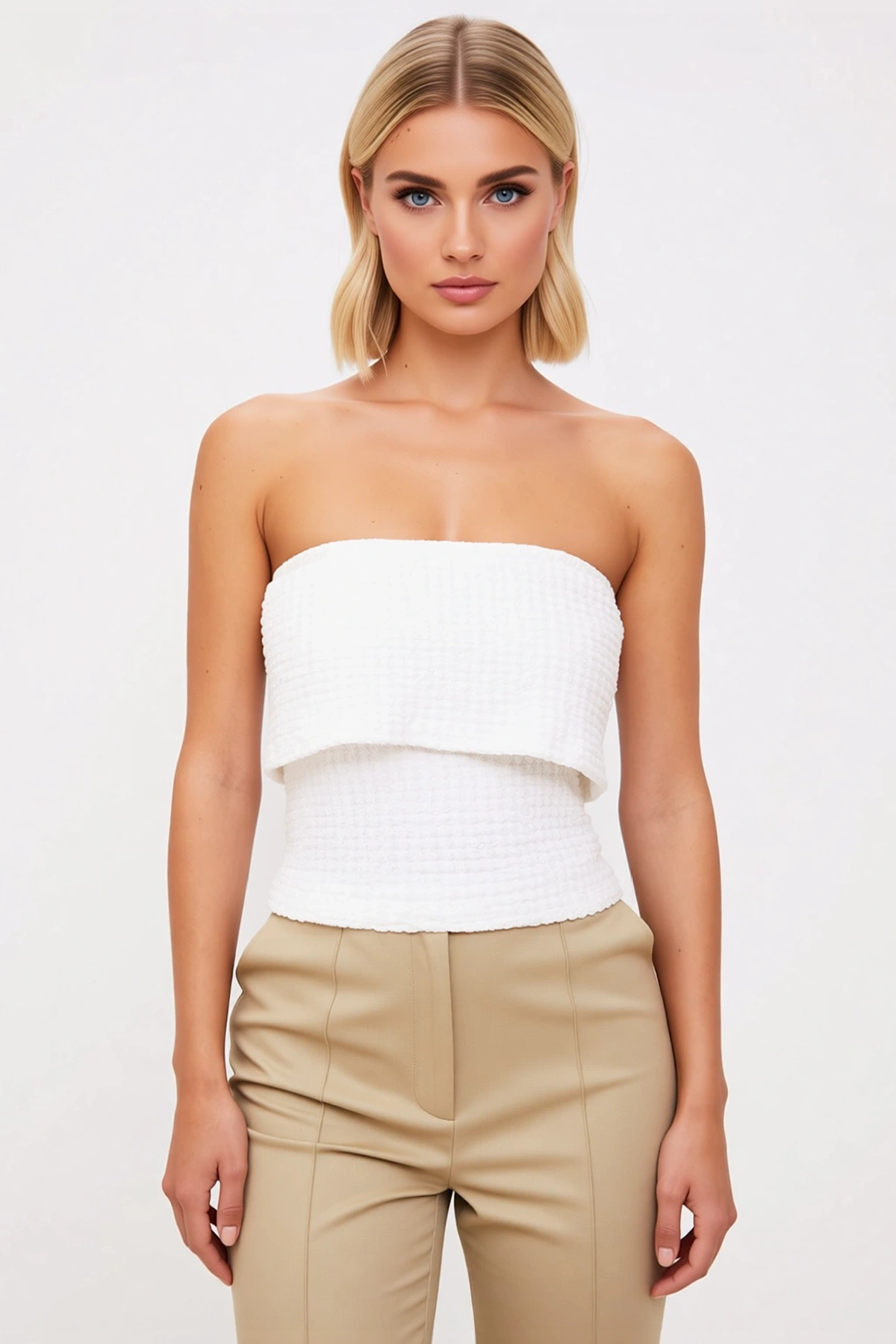 Kadın Bluz Crop Carmen Yaka Kolsuz Fitted Kalıp Gofre Dokulu Örme Kumaş Renk Yazlık Model Şık