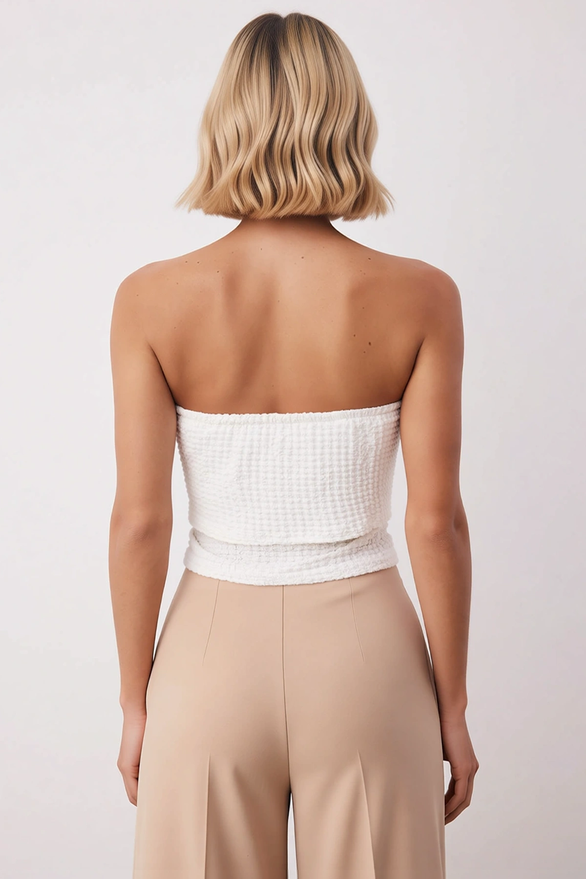 Kadın Bluz Crop Carmen Yaka Kolsuz Fitted Kalıp Gofre Dokulu Örme Kumaş Renk Yazlık Model Şık