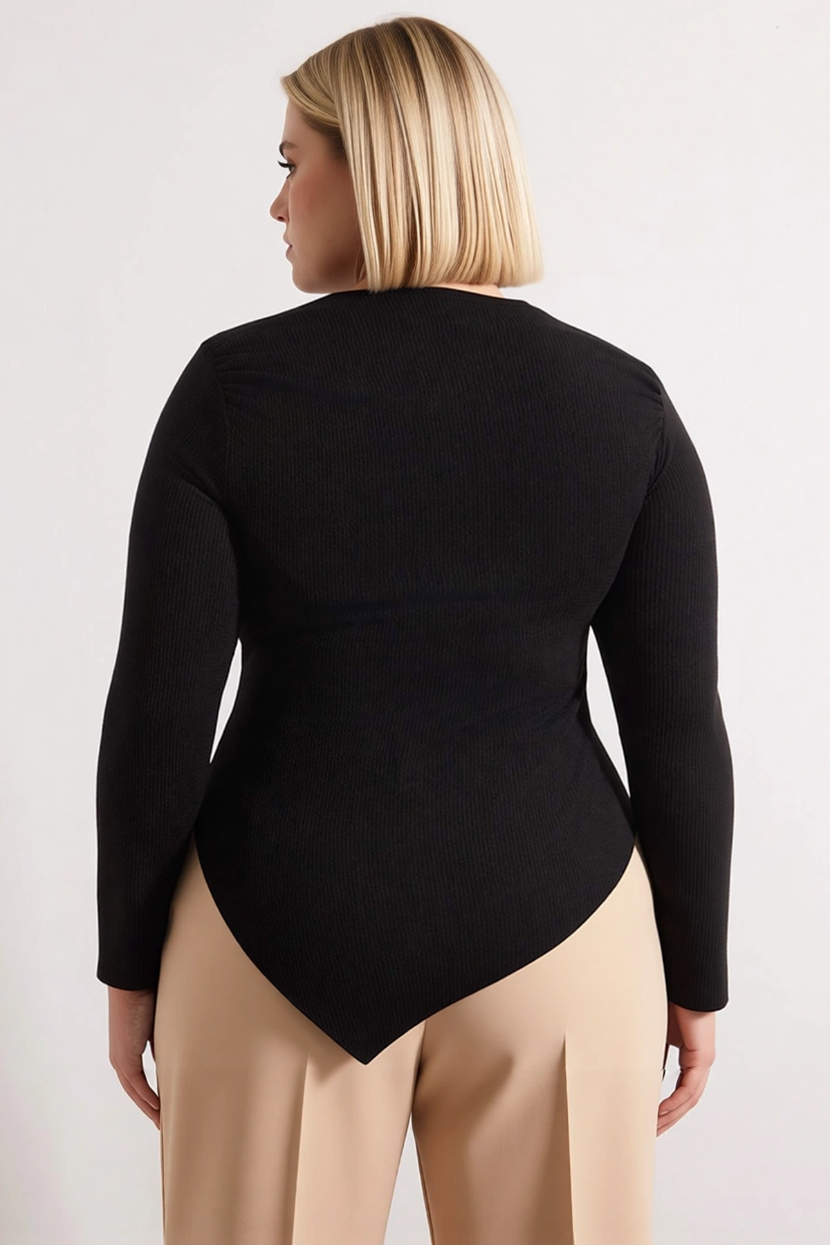 Kadın Büyük Beden Bluz Asimetrik Yaka Uzun Kol Örme Kaşkorse Fitted Kalıp Düz Desen Kesim Şık