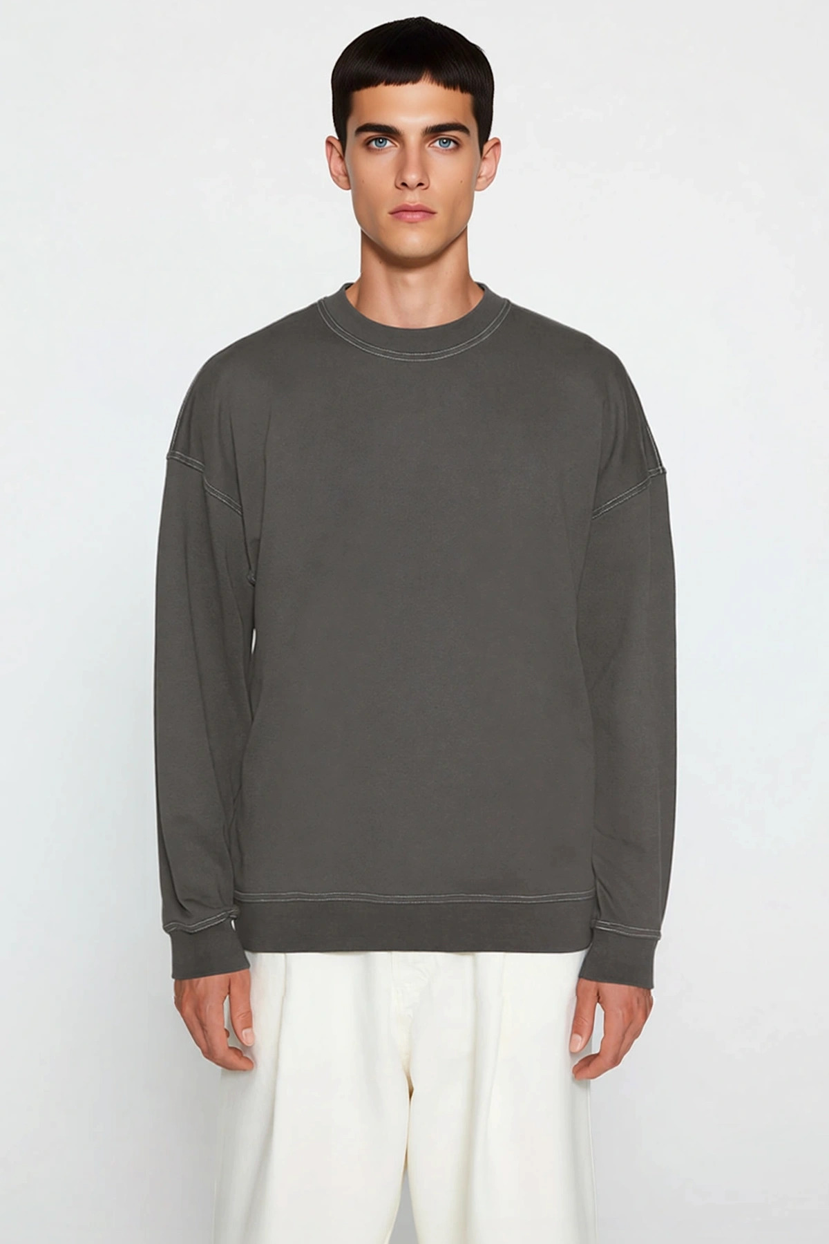 Erkek Bisiklet Yaka Düşük Kol Oversize Kalıp Sweatshirt Fonksiyonel Dayanıklı Kaliteli Şık