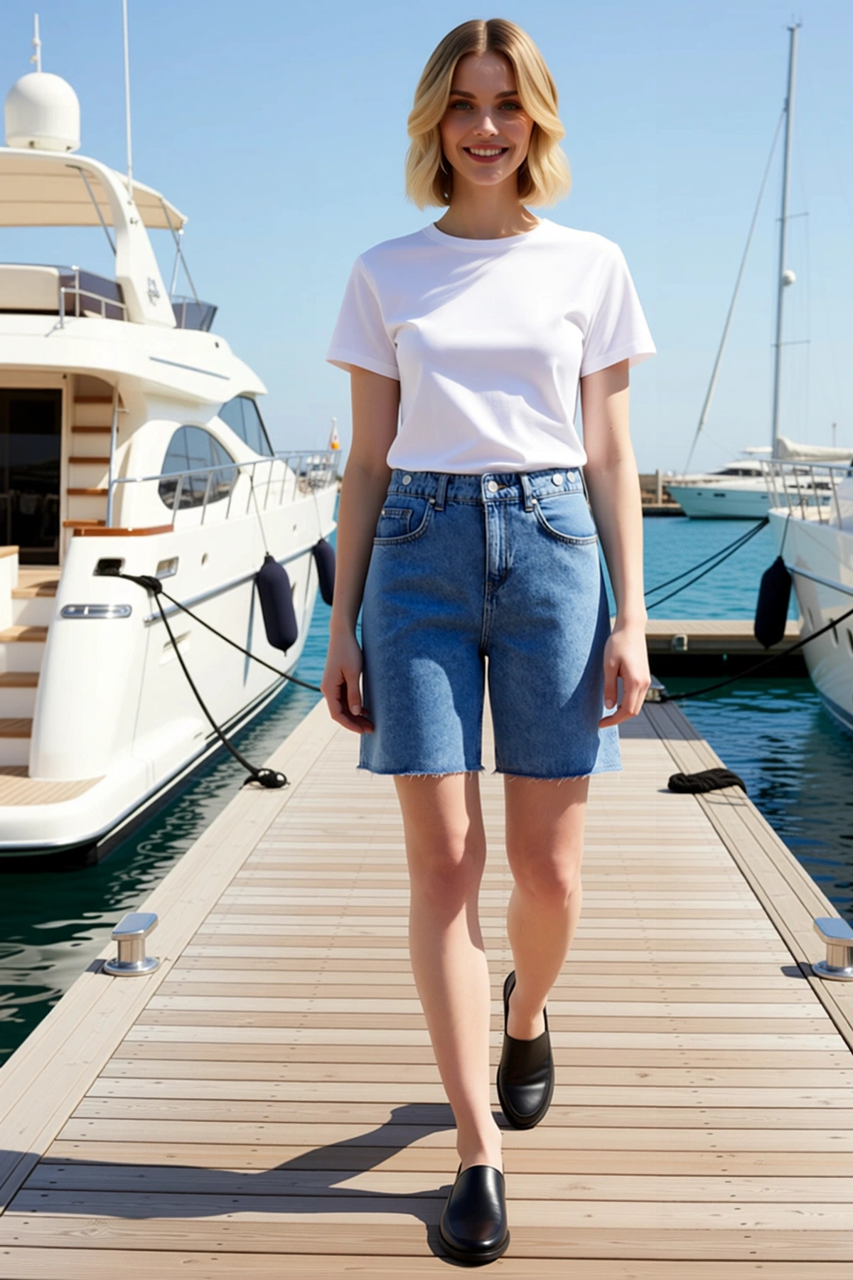 Kadın Yüksek Bel Bermuda Beli Ayarlı Düz Desen Boru Paça Kısa Boy Denim Fonksiyonel Şık
