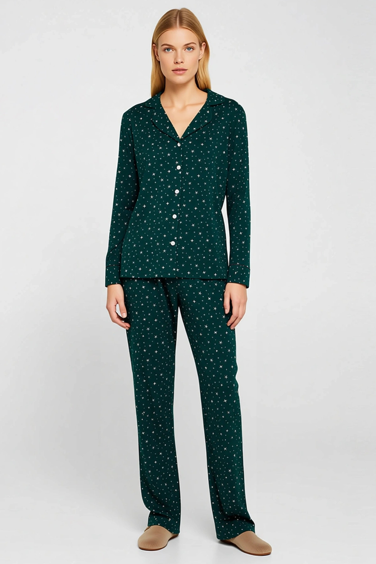Kadın Gömlek Yaka Standart Kol Regular Kalıp Galaksi Desenli Pijama Takımı Spor %100 Pamuk
