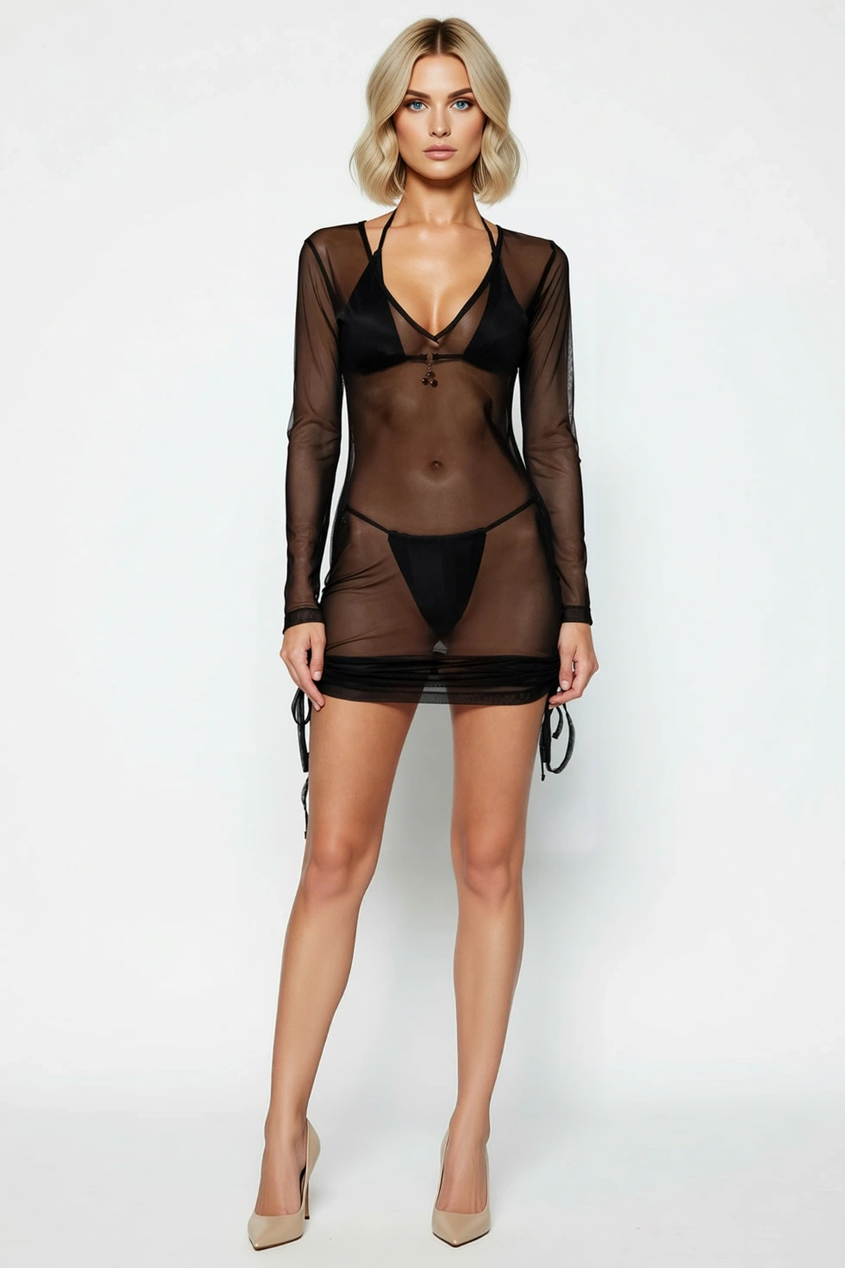 Kadın V Yaka Uzun Kol Bodycon Kalıp Mini Elbise Fonksiyonel Rahat
