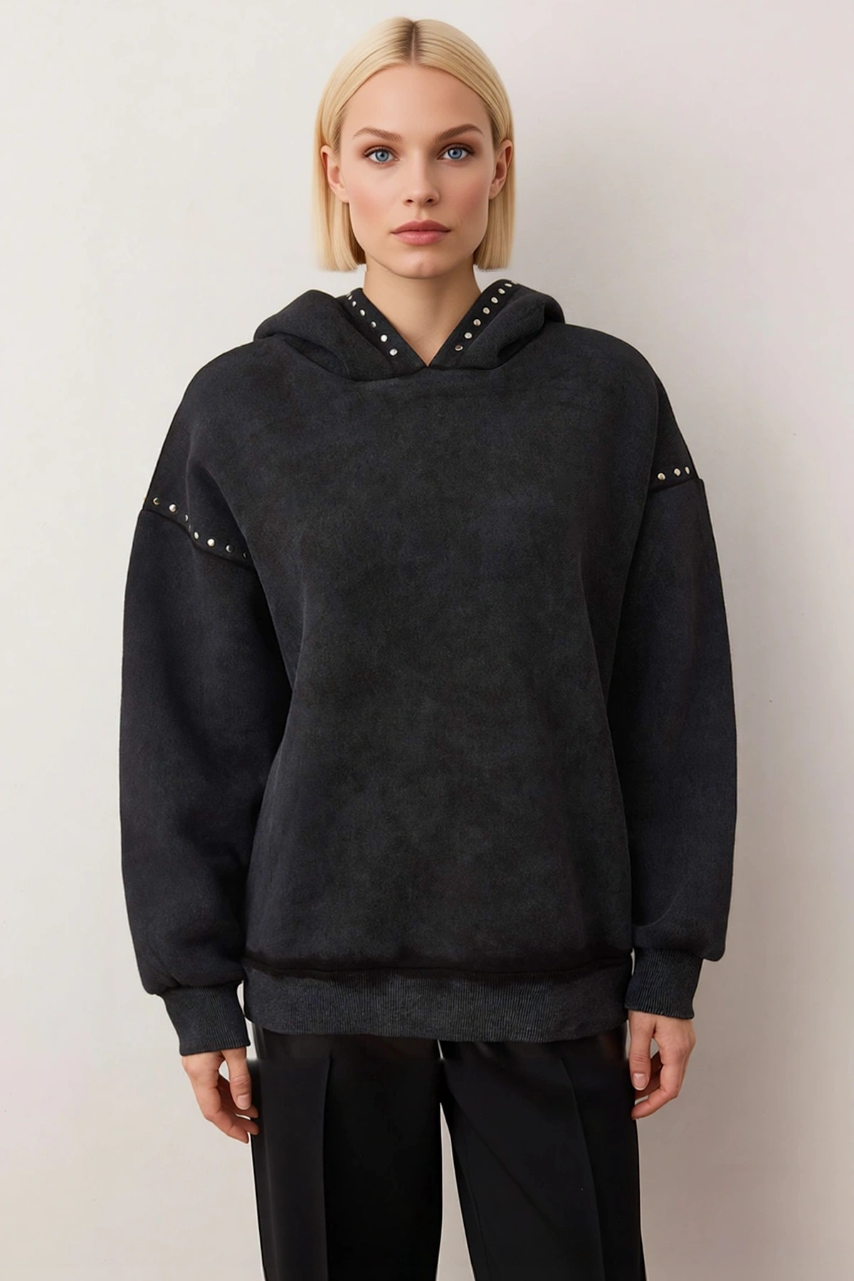 Kadın Kapüşonlu Düşük Kol Örme Sweatshirt Troklu Fonksiyonel Dayanıklı Kaliteli Konforlu Şık