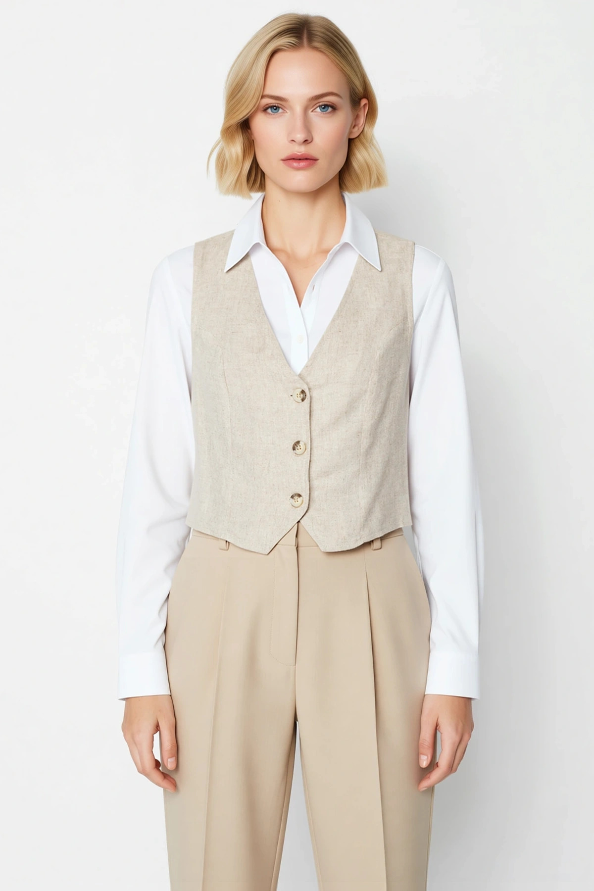 Kadın V Yaka Kolsuz Dokuma Kumaş Crop Yelek Fitted Kalıp Düz Desen Yazlık Giyim Ürünü Basic Siluet