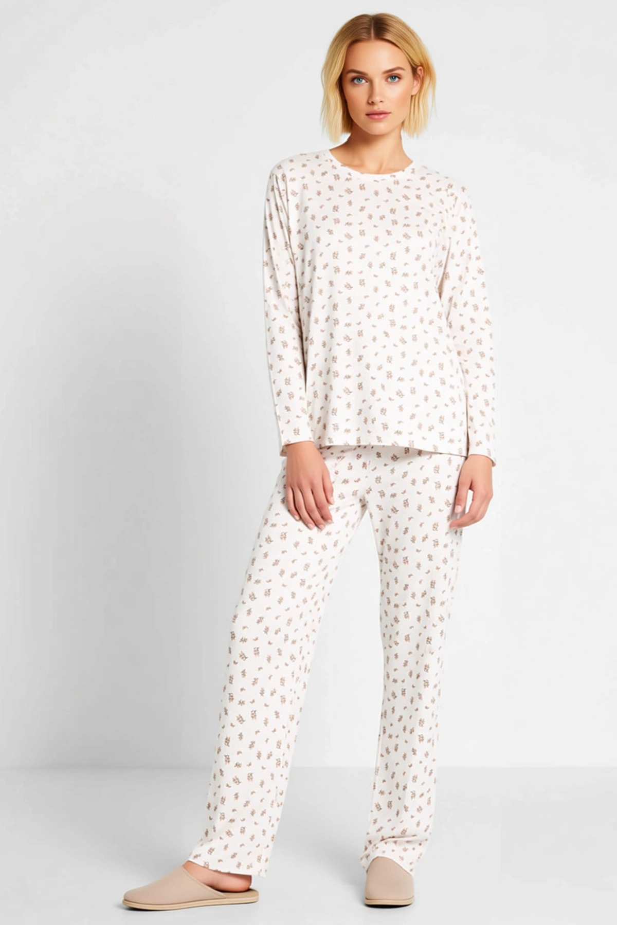 Kadın Bisiklet Yaka Düşük Kol Uzun Kol Relaxed Kalıp Çiçekli Örme Pijama Takımı Fonksiyonel