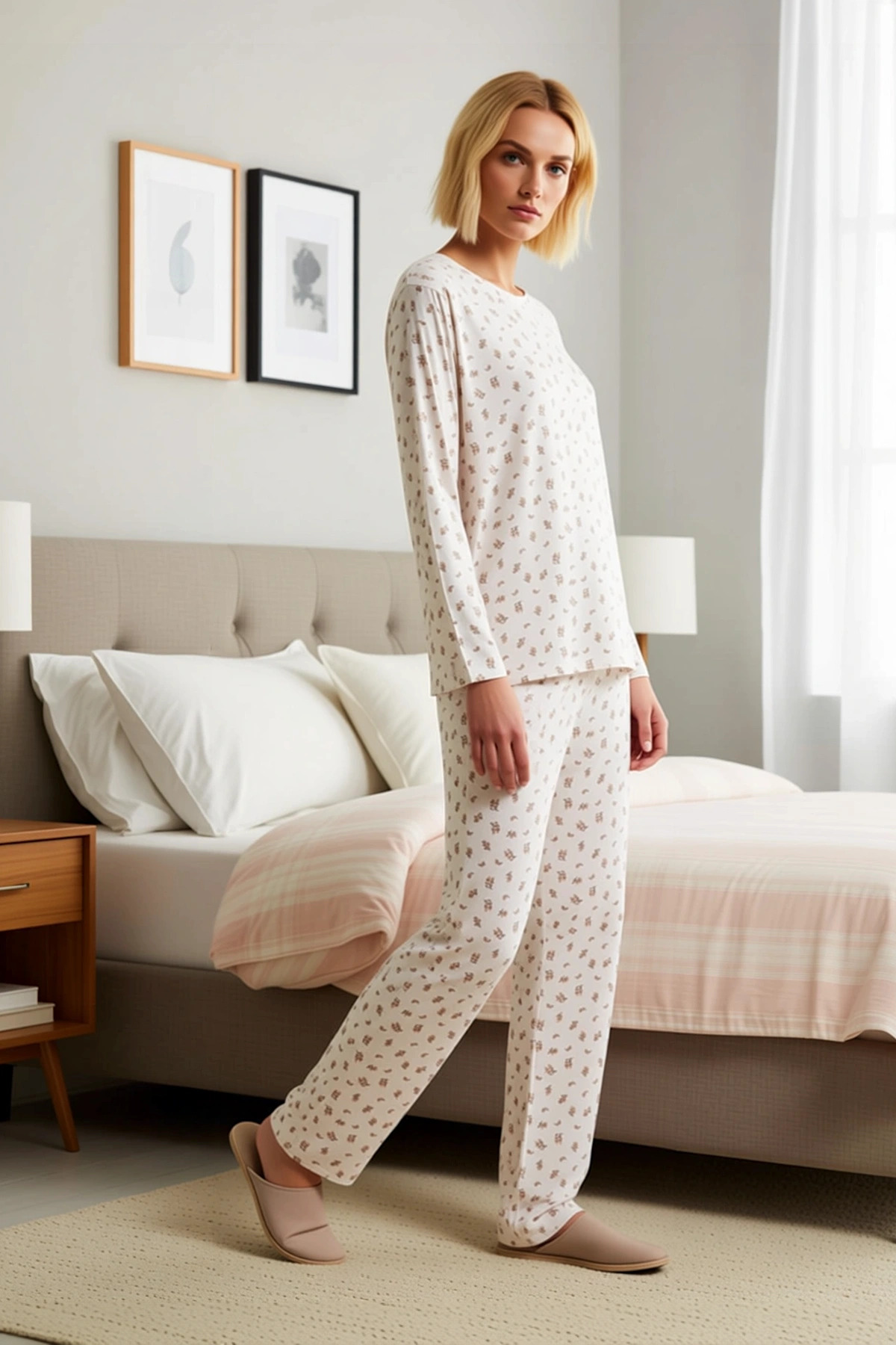 Kadın Bisiklet Yaka Düşük Kol Uzun Kol Relaxed Kalıp Çiçekli Örme Pijama Takımı Fonksiyonel