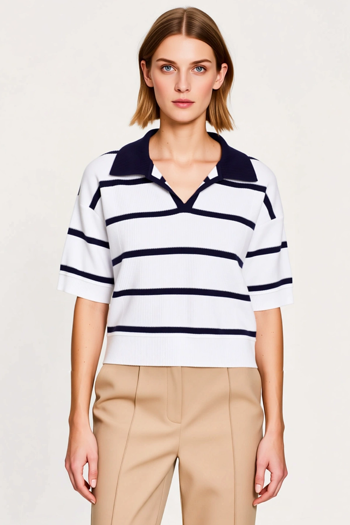 Kadın Bluz Triko Polo Yaka Kısa Kol Çizgili Crop Boy Regular Kalıp Standart Dokuma Tek Plaka
