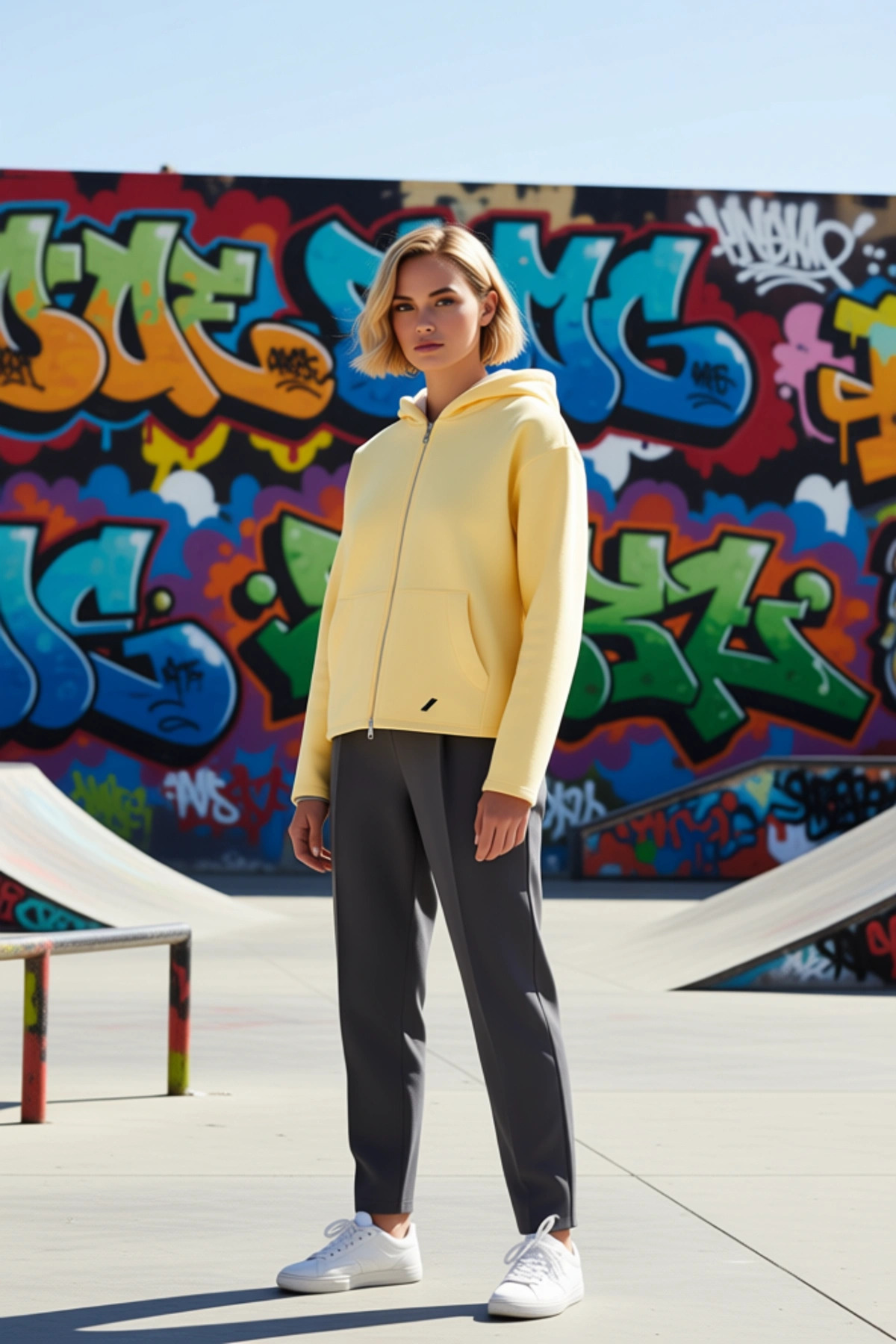 Kadın Kapüşonlu Düşük Kol Fermuarlı Geniş Kesim Örme Sweatshirt Fonksiyonel Dayanıklı Spor
