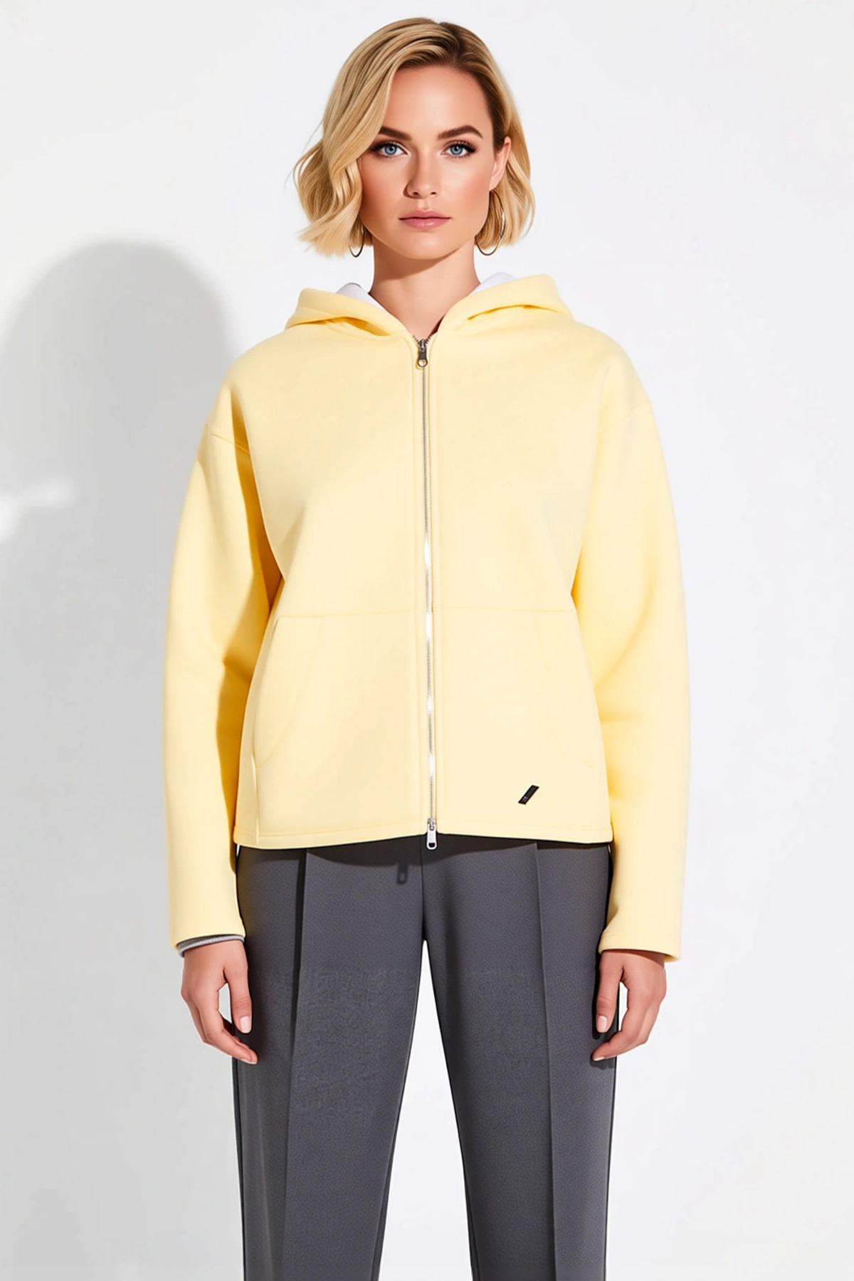 Kadın Kapüşonlu Düşük Kol Fermuarlı Geniş Kesim Örme Sweatshirt Fonksiyonel Dayanıklı Spor