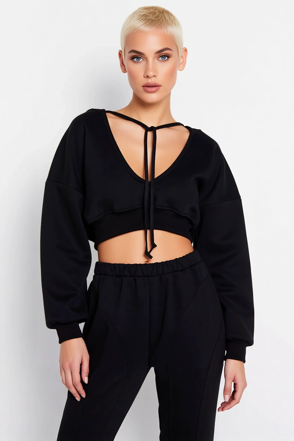Kadın Kapüşonlu V Yaka Düşük Kol Uzun Kollu Crop Örme Sweatshirt Fonksiyonel Dayanıklı Şık