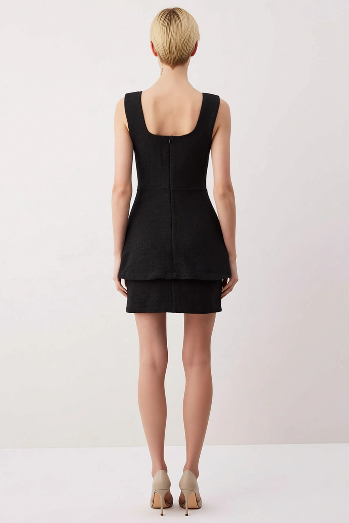 Kadın Kare Yaka Kolsuz Tüvit Dokuma Bodycon Kalıp Mini Elbise Fonksiyonel Dayanıklı Modern