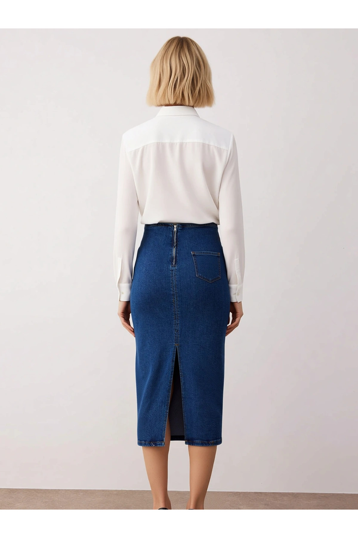 Kadın Midi Kalem Denim Etek Yüksek Bel Düz Kesim Fonksiyonel Dayanıklı Kaliteli Konforlu Şık