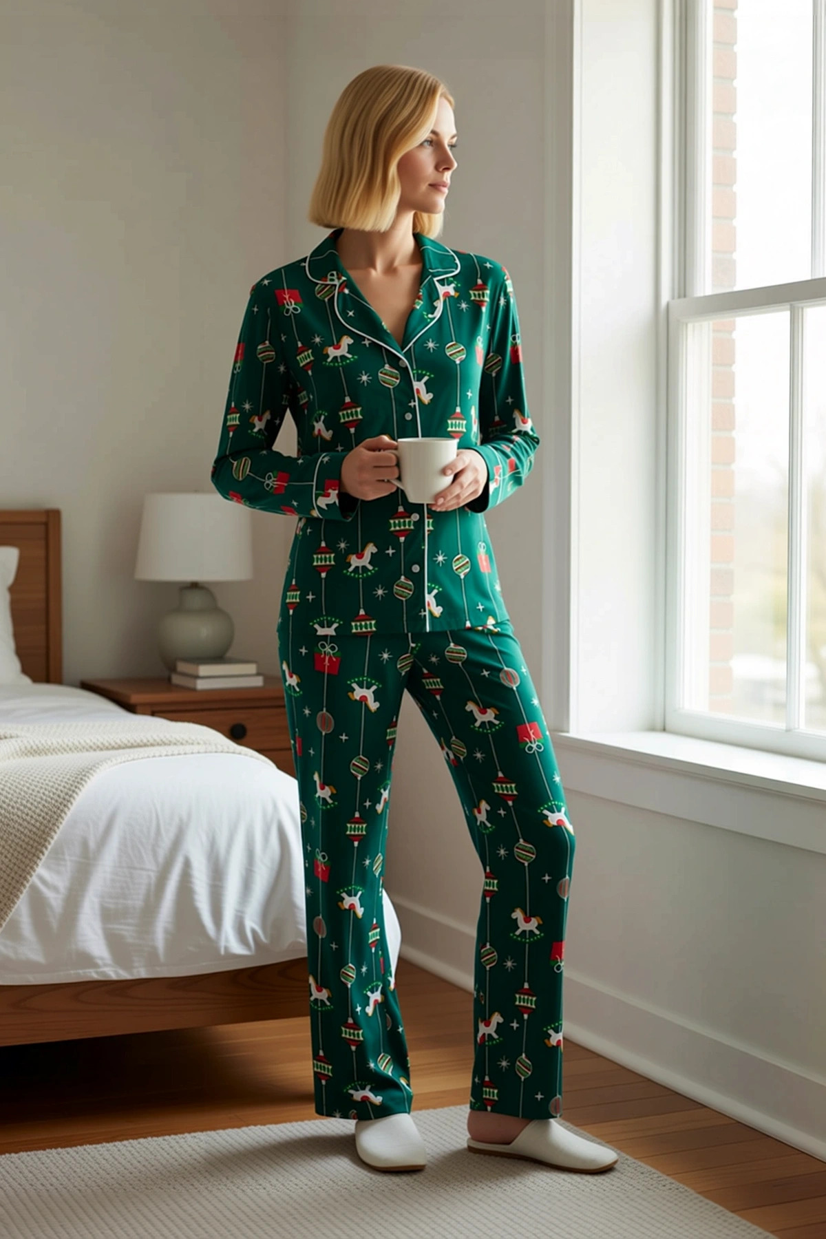 Alternative view of Kadın Gömlek Yaka Standart Kol Regular Kalıp Pijama Takımı Fonksiyonel Modern