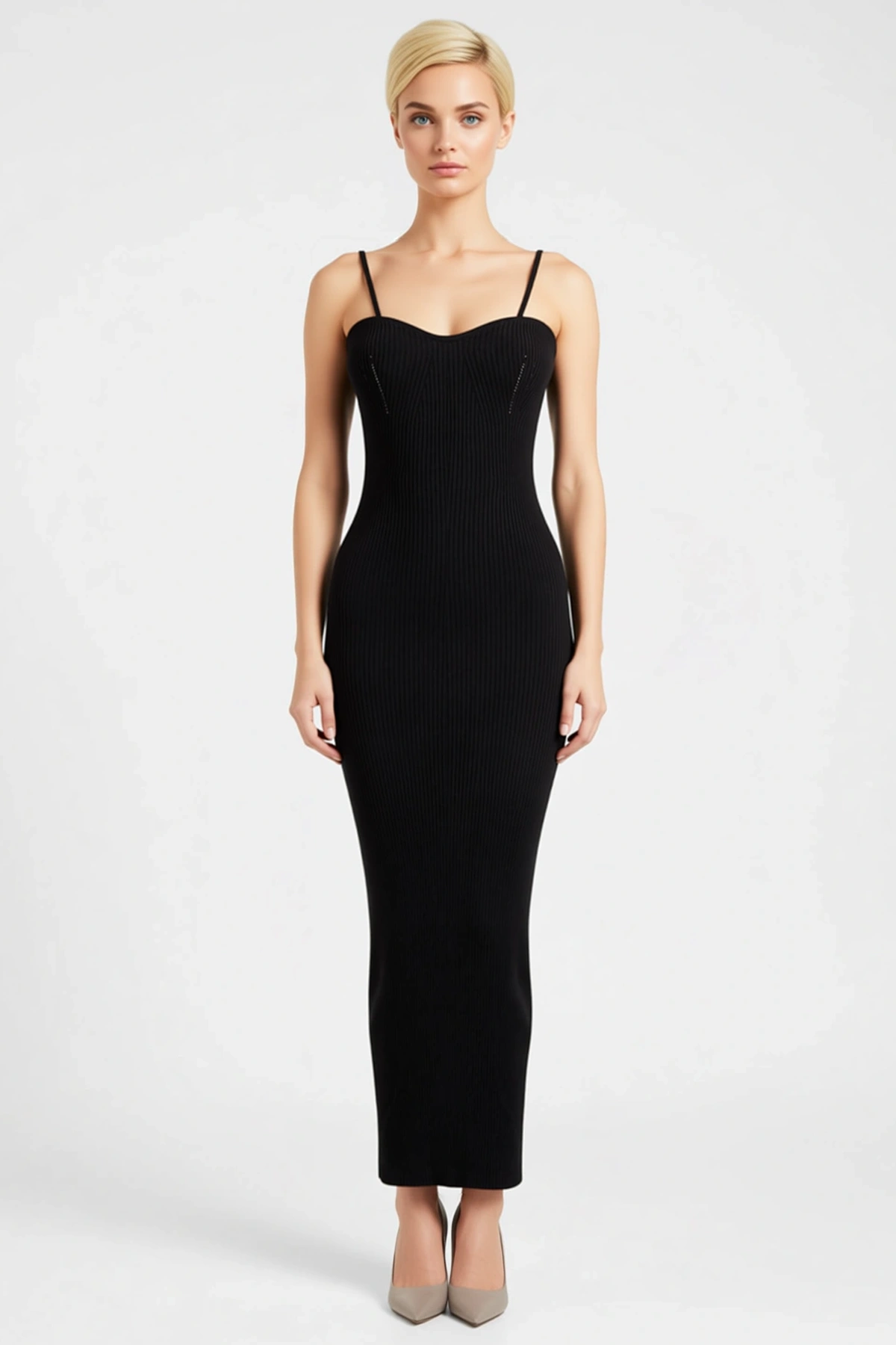 Kadın Boy Bodycon Elbise V Yaka İnce Askılı Kolsuz Ribana Örgü Triko Düz Modern
