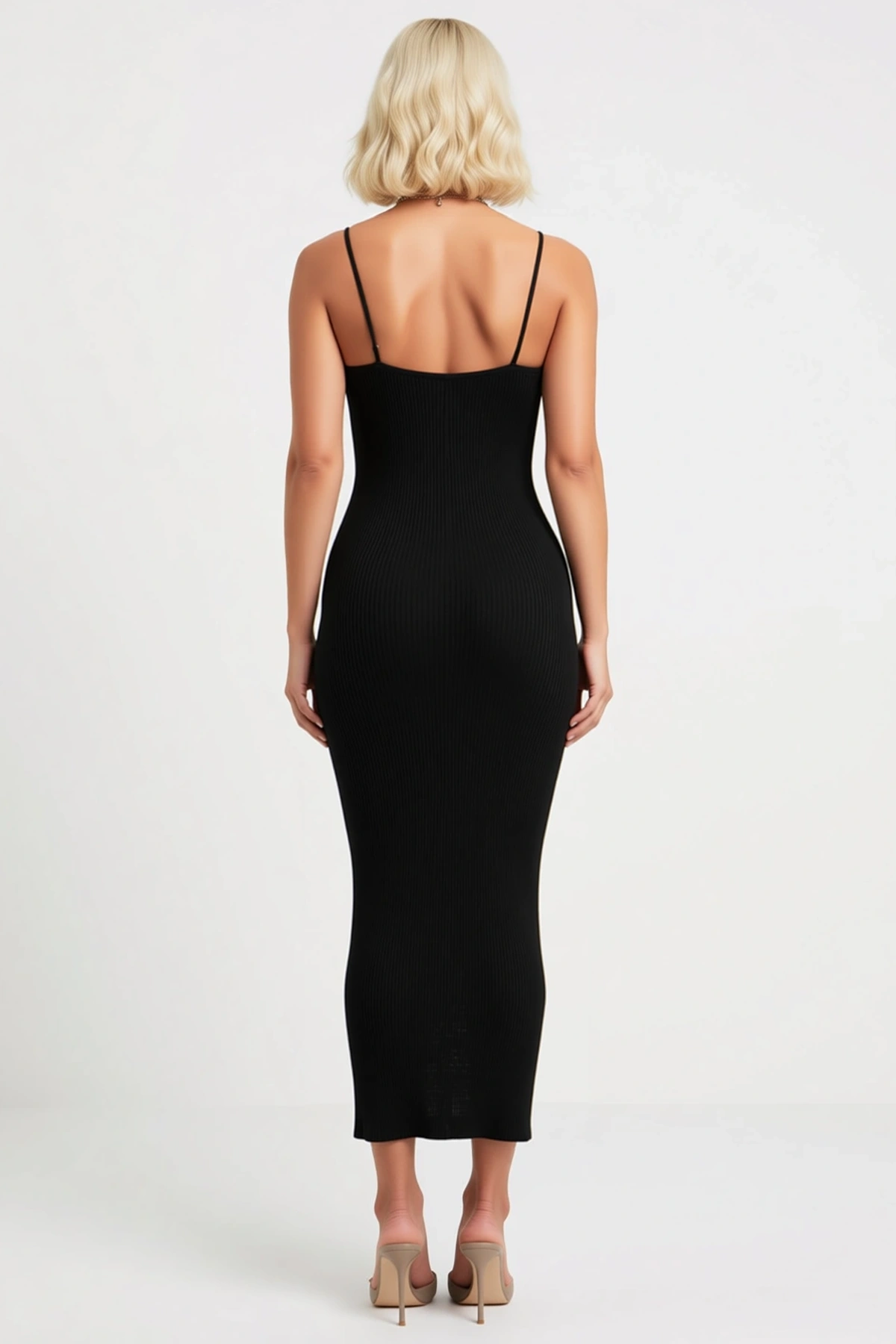 Kadın Boy Bodycon Elbise V Yaka İnce Askılı Kolsuz Ribana Örgü Triko Düz Modern
