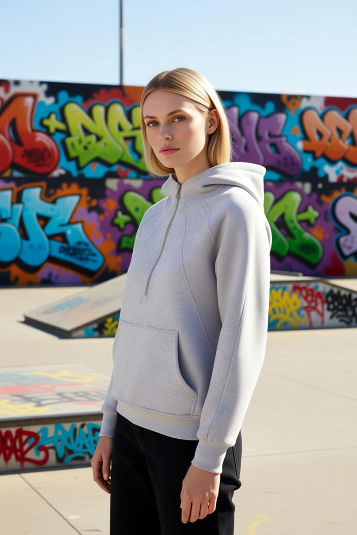 Kadın Kapüşonlu Reglan Kol Yarım Pat Fermuarlı Sweatshirt Fonksiyonel Dayanıklı Kaliteli Şık