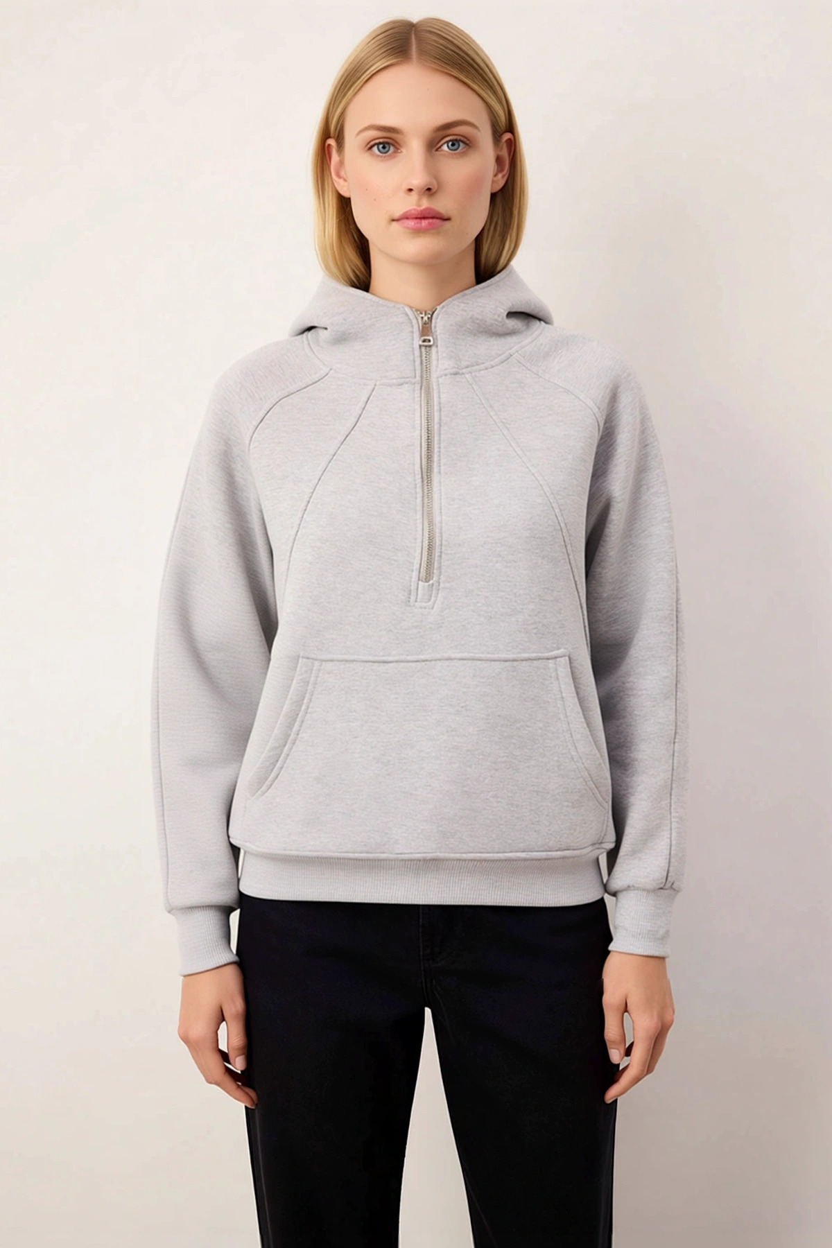 Kadın Kapüşonlu Reglan Kol Yarım Pat Fermuarlı Sweatshirt Fonksiyonel Dayanıklı Kaliteli Şık