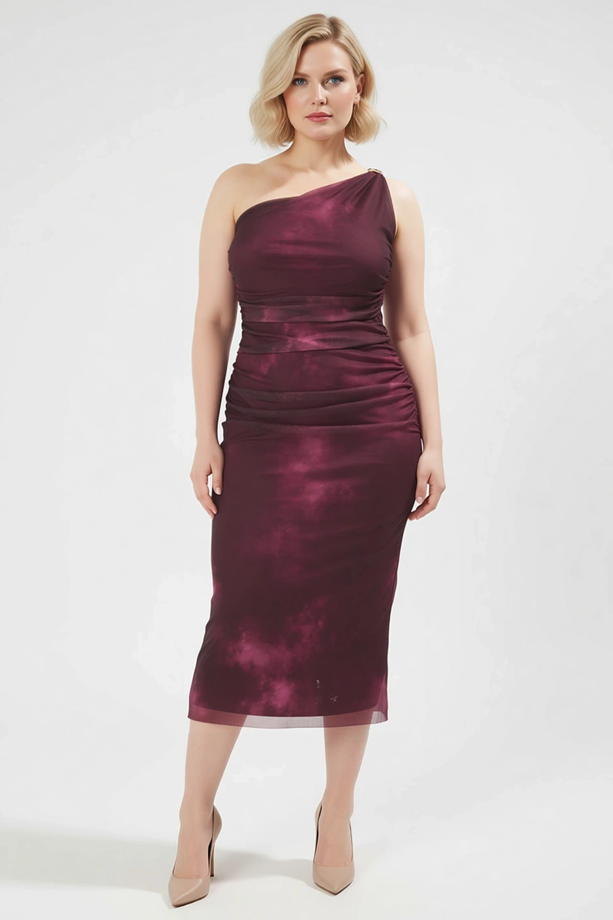 Kadın Büyük Beden Asimetrik Yaka Tek Kol Bodycon Maxi Tül Elbise Çiçek Desenli Günlük Rahat Modern